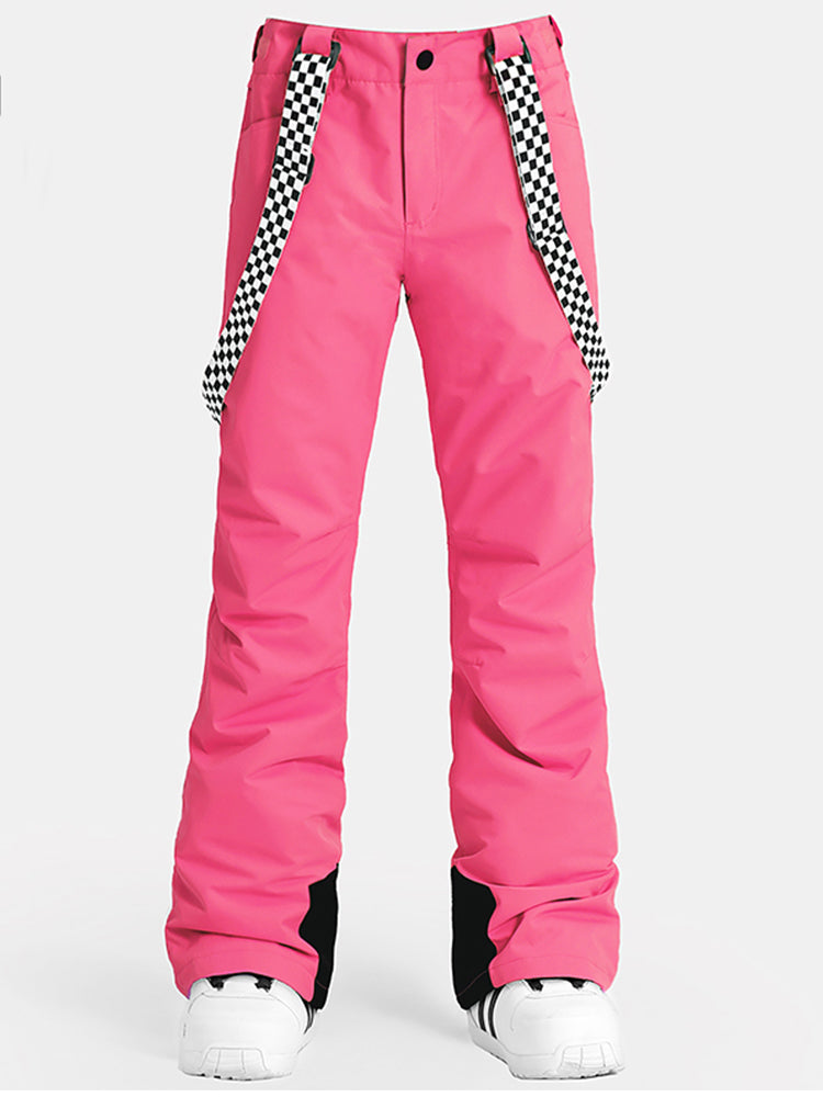 Pantalon de neige évasé rose fluo pour femme avec bretelles à