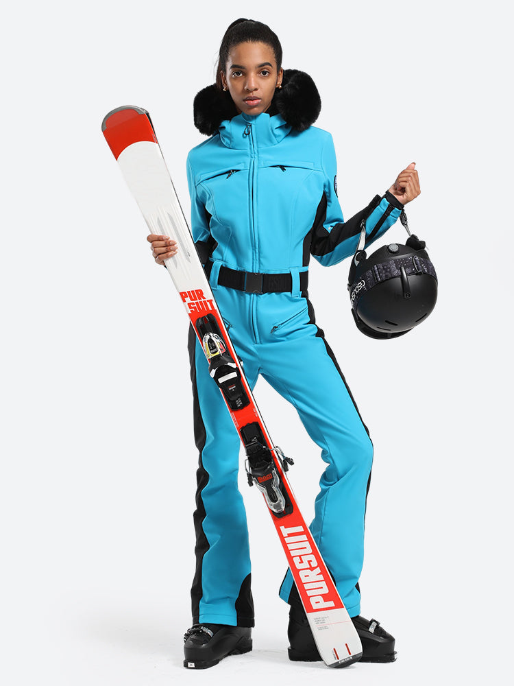 Gsou Snow Damen-Skianzug mit klassischem Kunstpelz, einteilig 