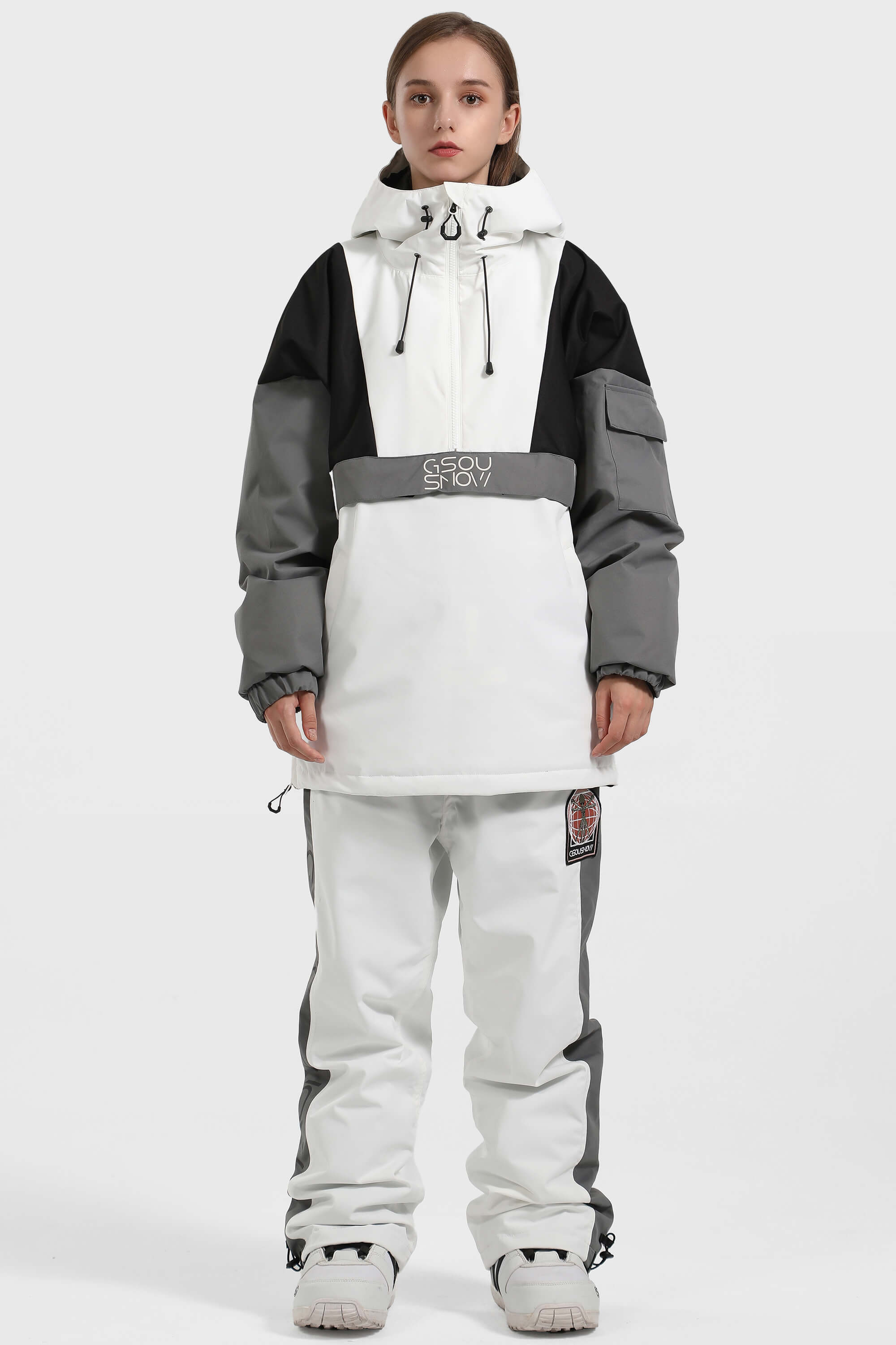 Women's White & Black Kangaroo Pocket Waterproof Baggy Snowboard