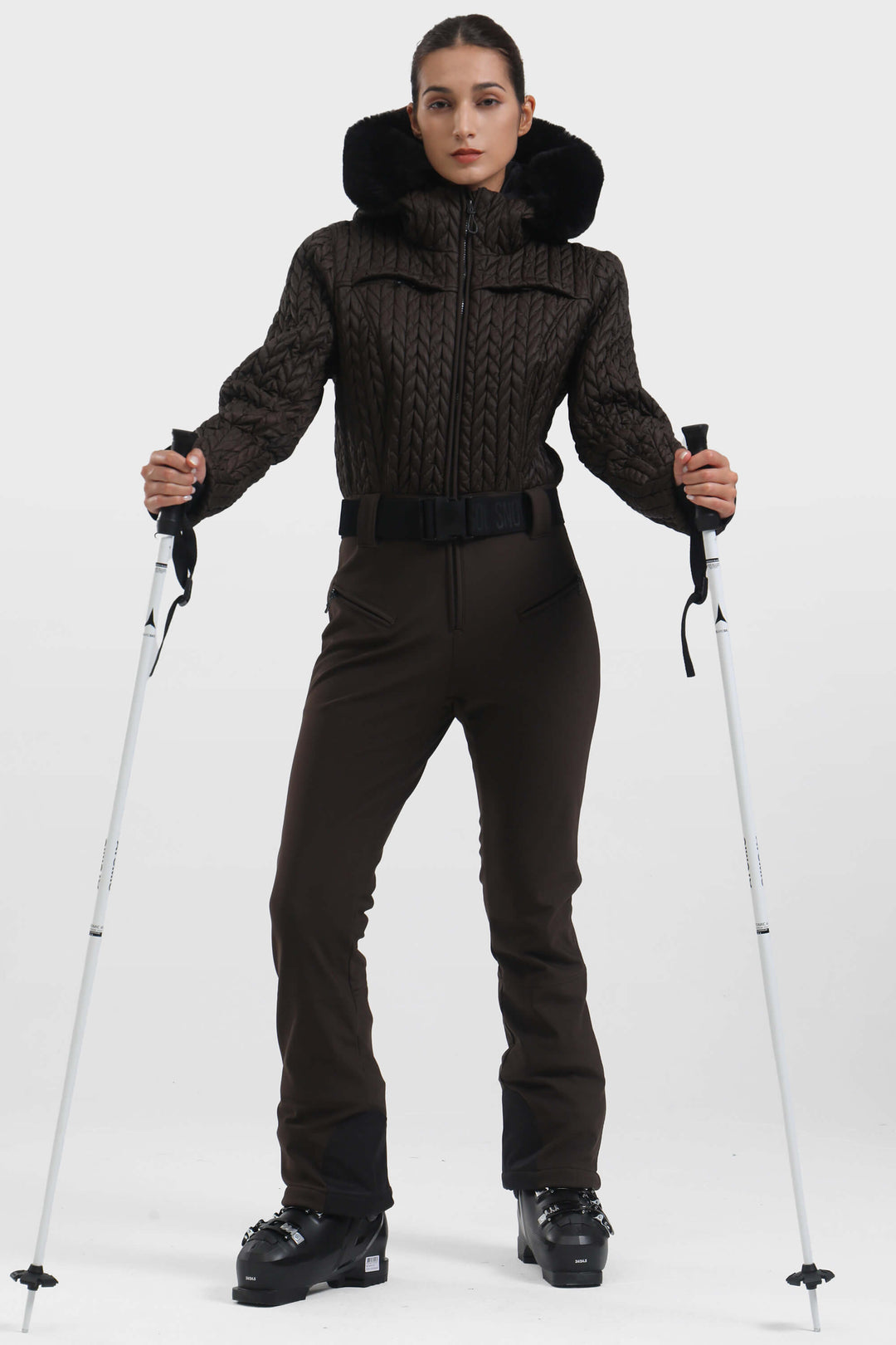 Combinaison de ski une pièce rouge fluo à fronces pour femme