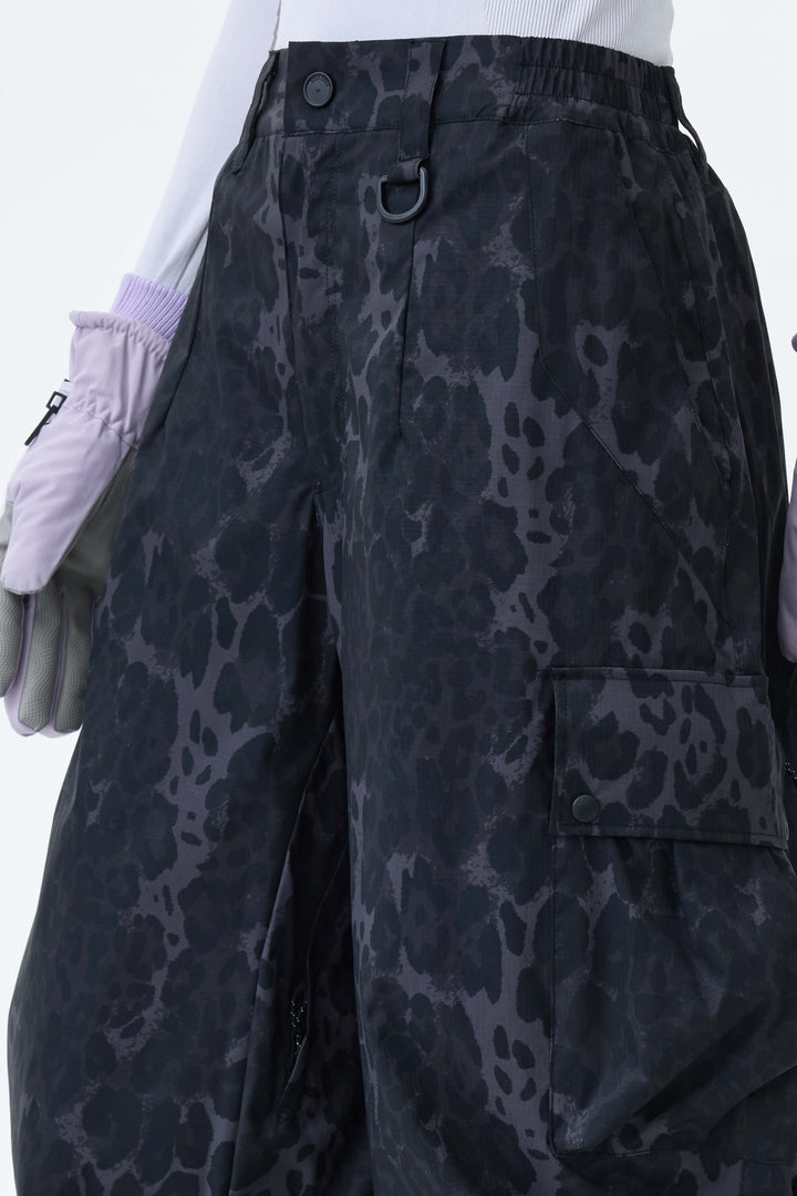 Women's Gray Leopard Lightweight Inner Leg Vents Baggy Snow Pants