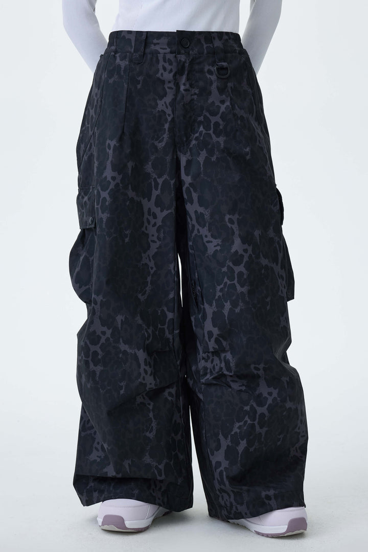 Women's Gray Leopard Lightweight Inner Leg Vents Baggy Snow Pants