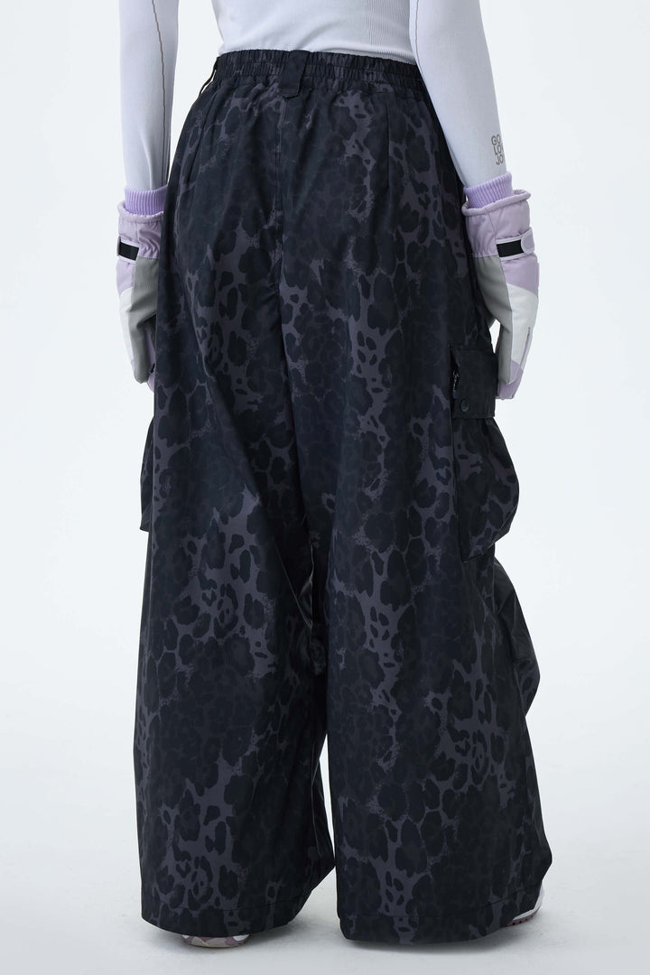 Women's Gray Leopard Lightweight Inner Leg Vents Baggy Snow Pants