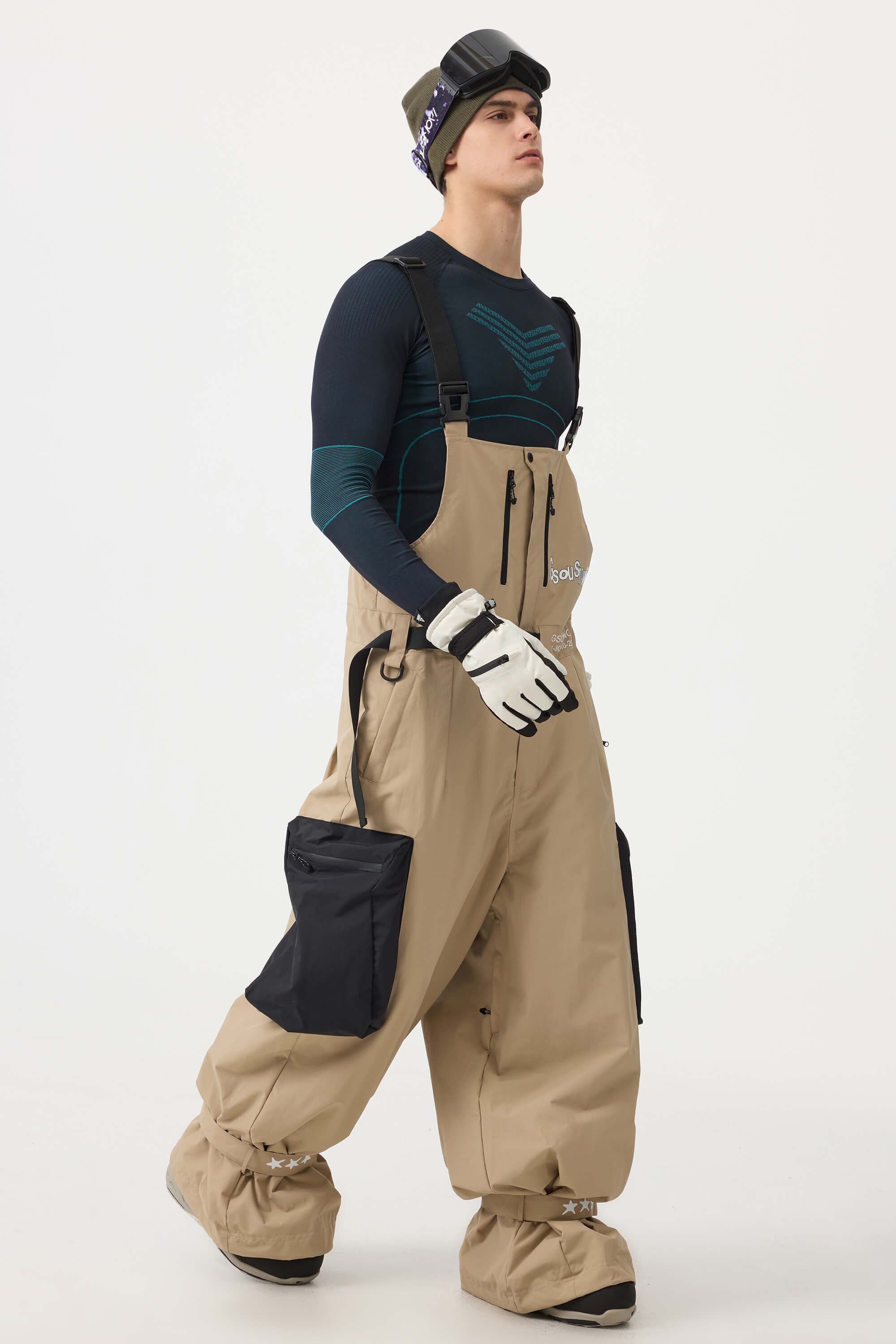 Men's Mint Green Workwear Style Built-in Belt Baggy Snow Bibs