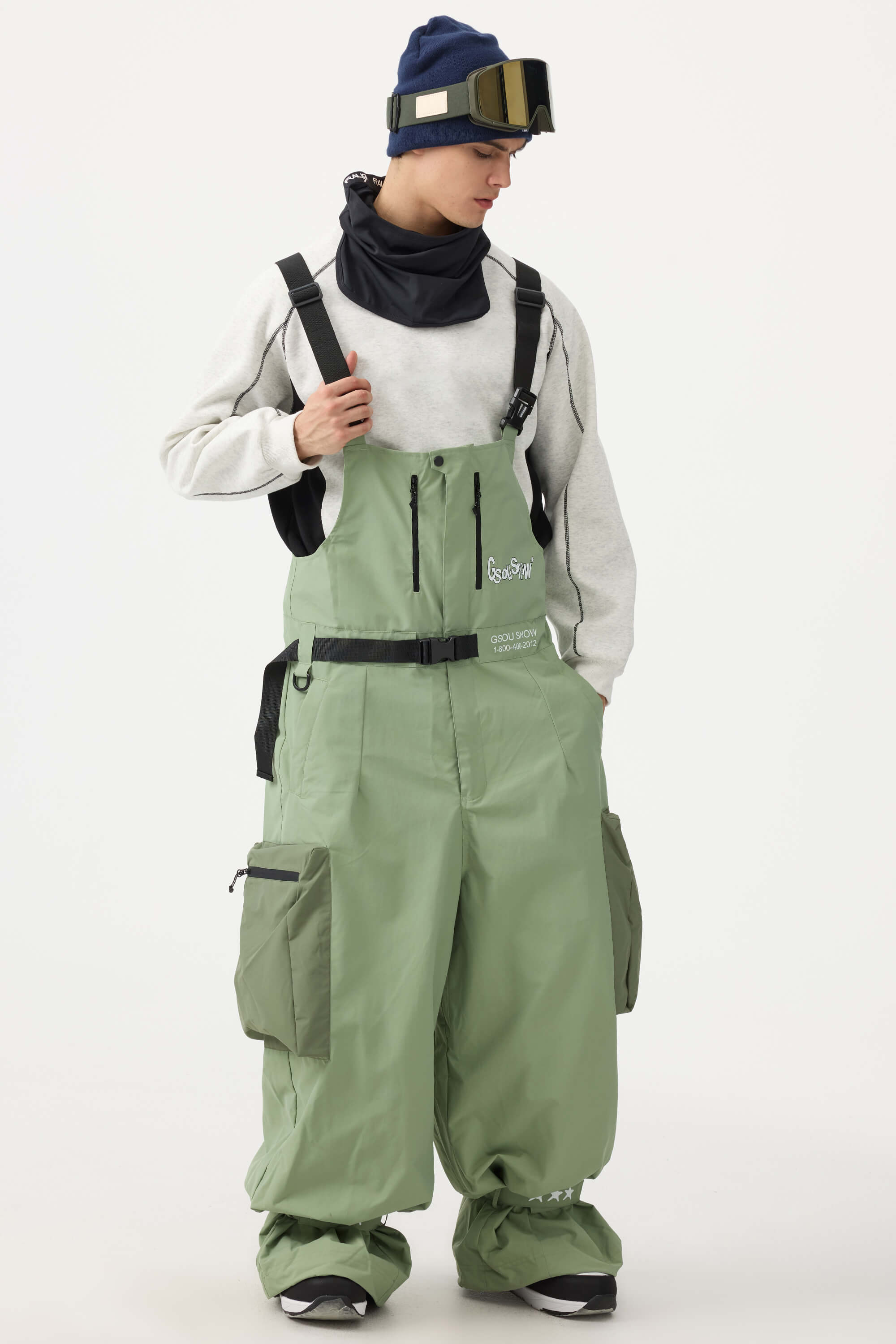 Men's Black Workwear Style Built-in Belt Super Baggy Snow Bibs