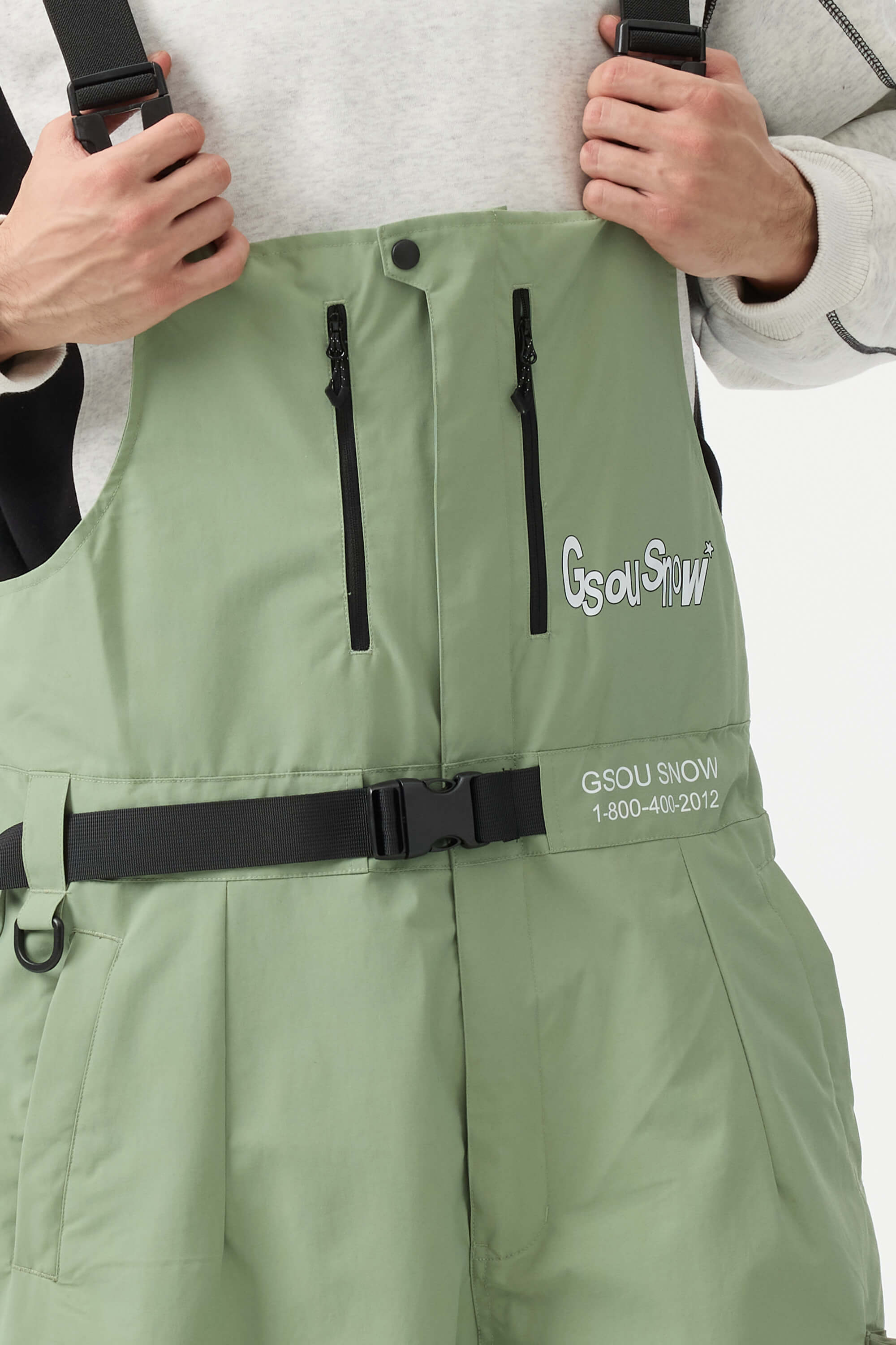 Men's Mint Green Workwear Style Built-in Belt Baggy Snow Bibs