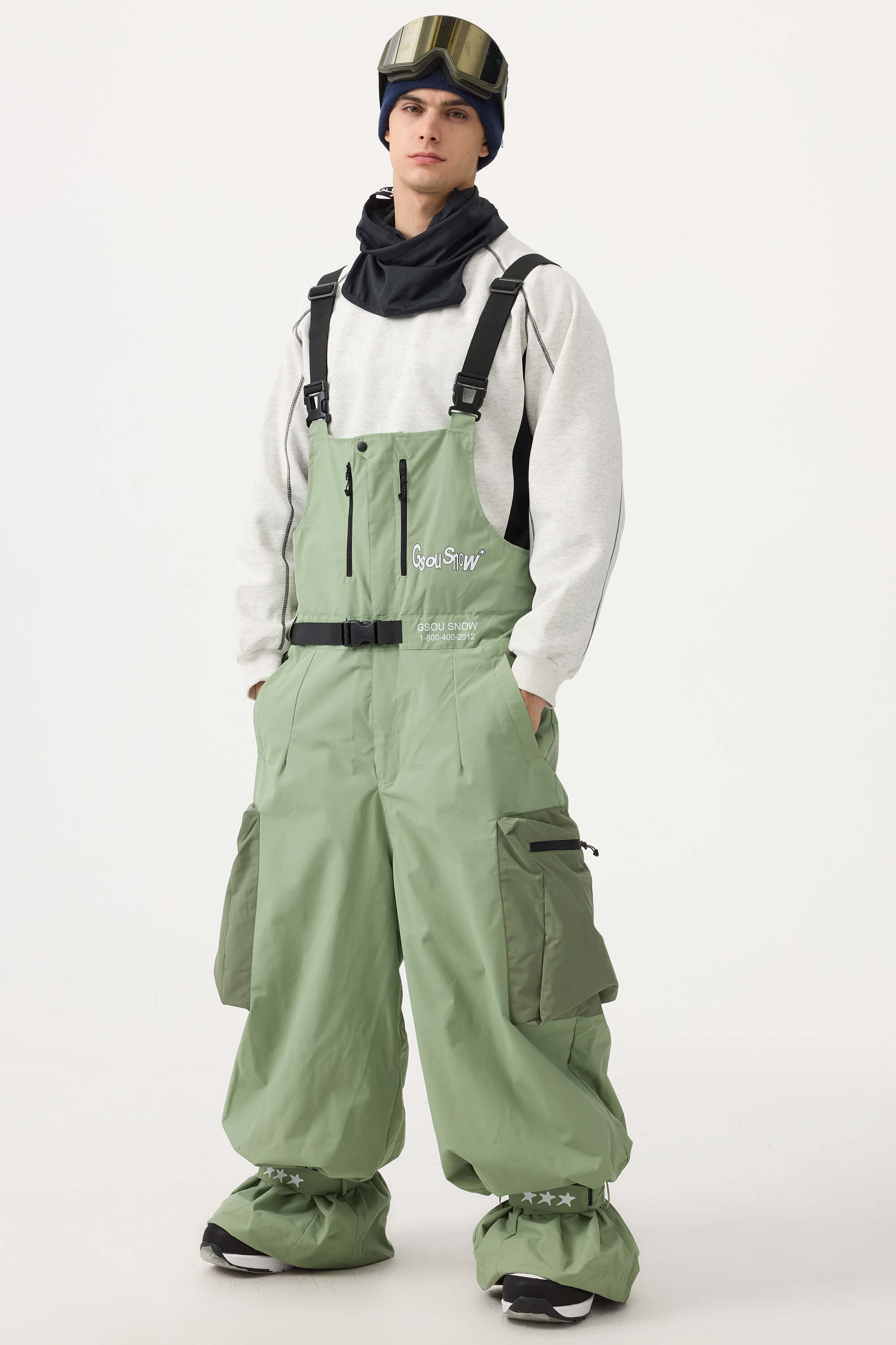 K*w様 18-19 GREEN CLOTHIG BIBPANTS L TURQ Men's Mint Green Workwear Style Built-in Belt Baggy Snow Bibs