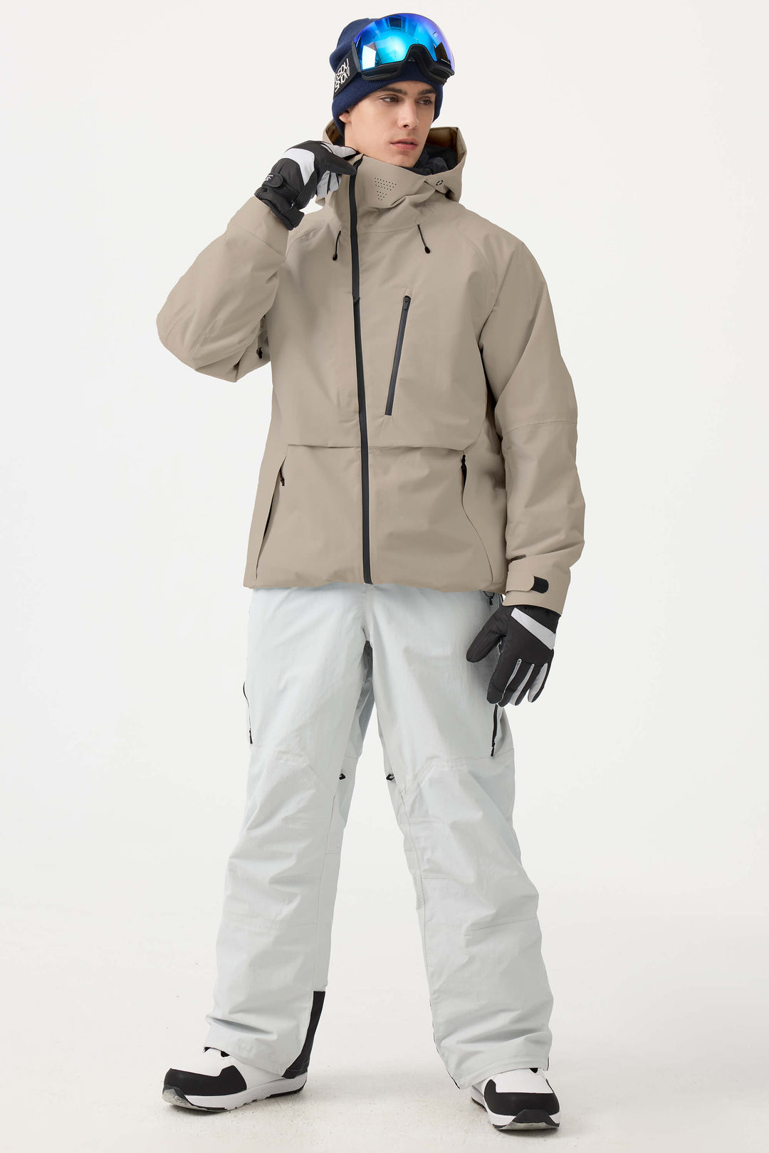 Weiße, vollständig wasserdichte Schneejacke für Herren mit Belüftung und mehreren Taschen 