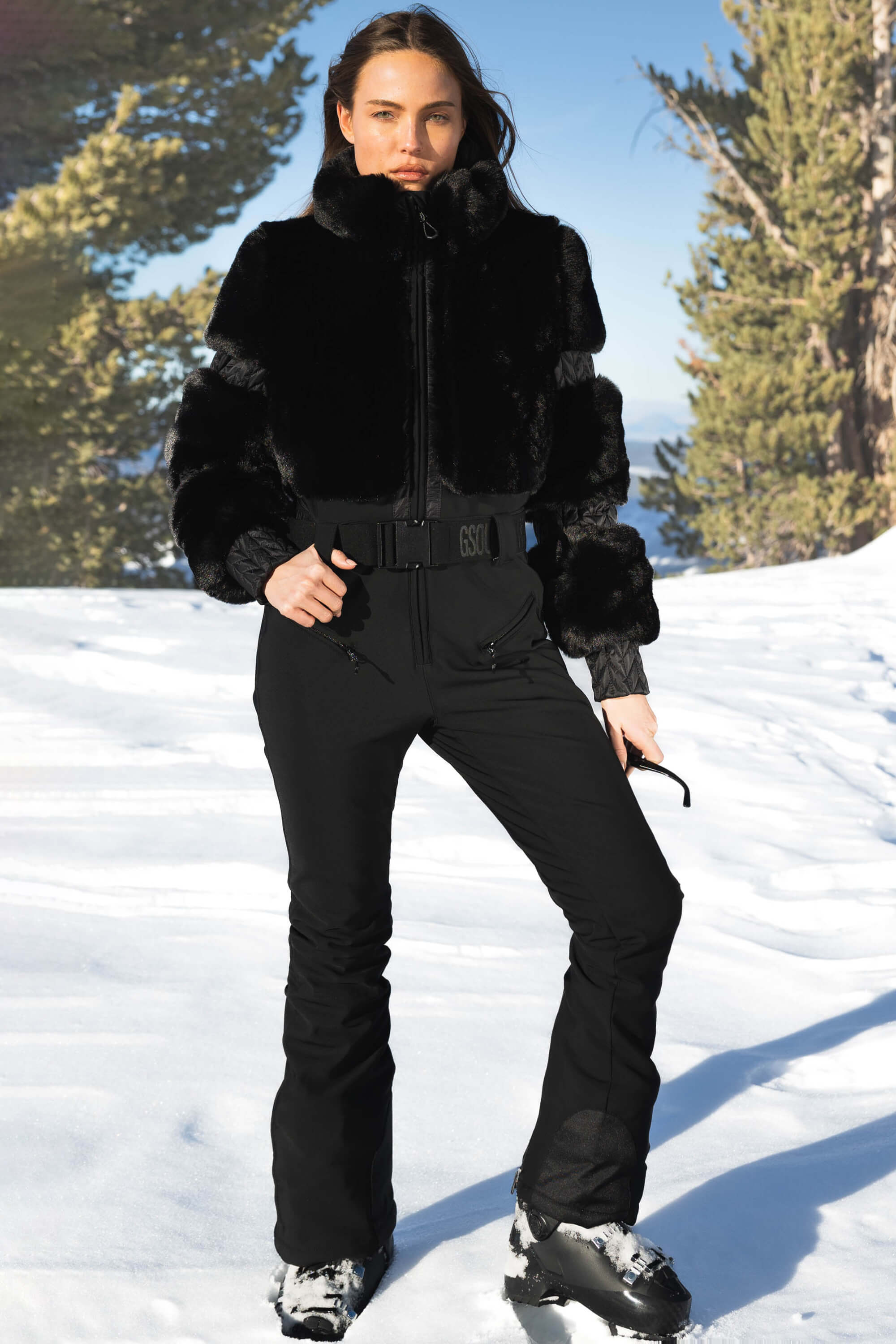Elegant Women's Black Faux-Fur One-Piece Ski Suit – GSou Snow