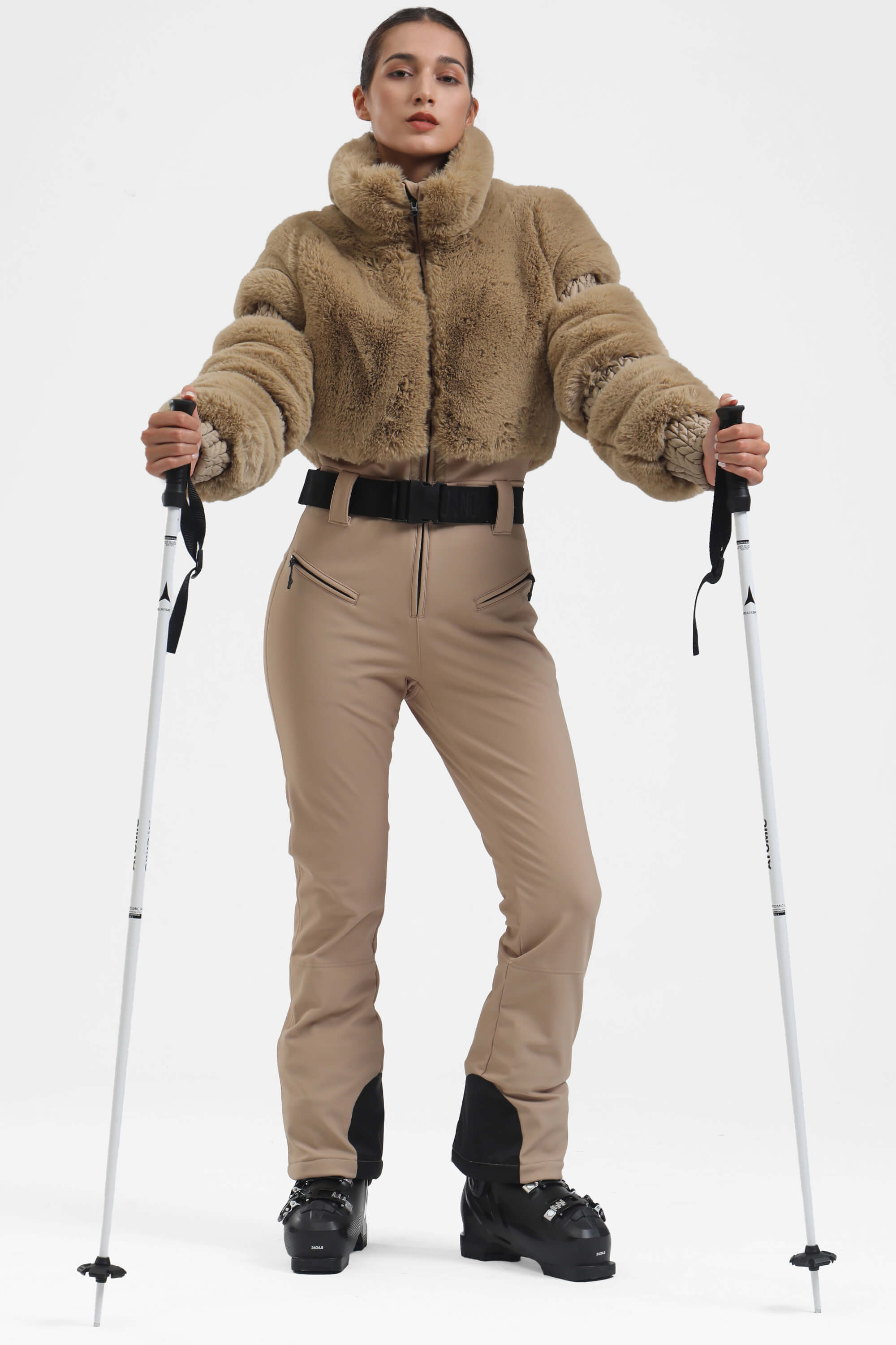 エレガントな女性用ネオンオレンジ 人工ファーワンピース スキースーツ