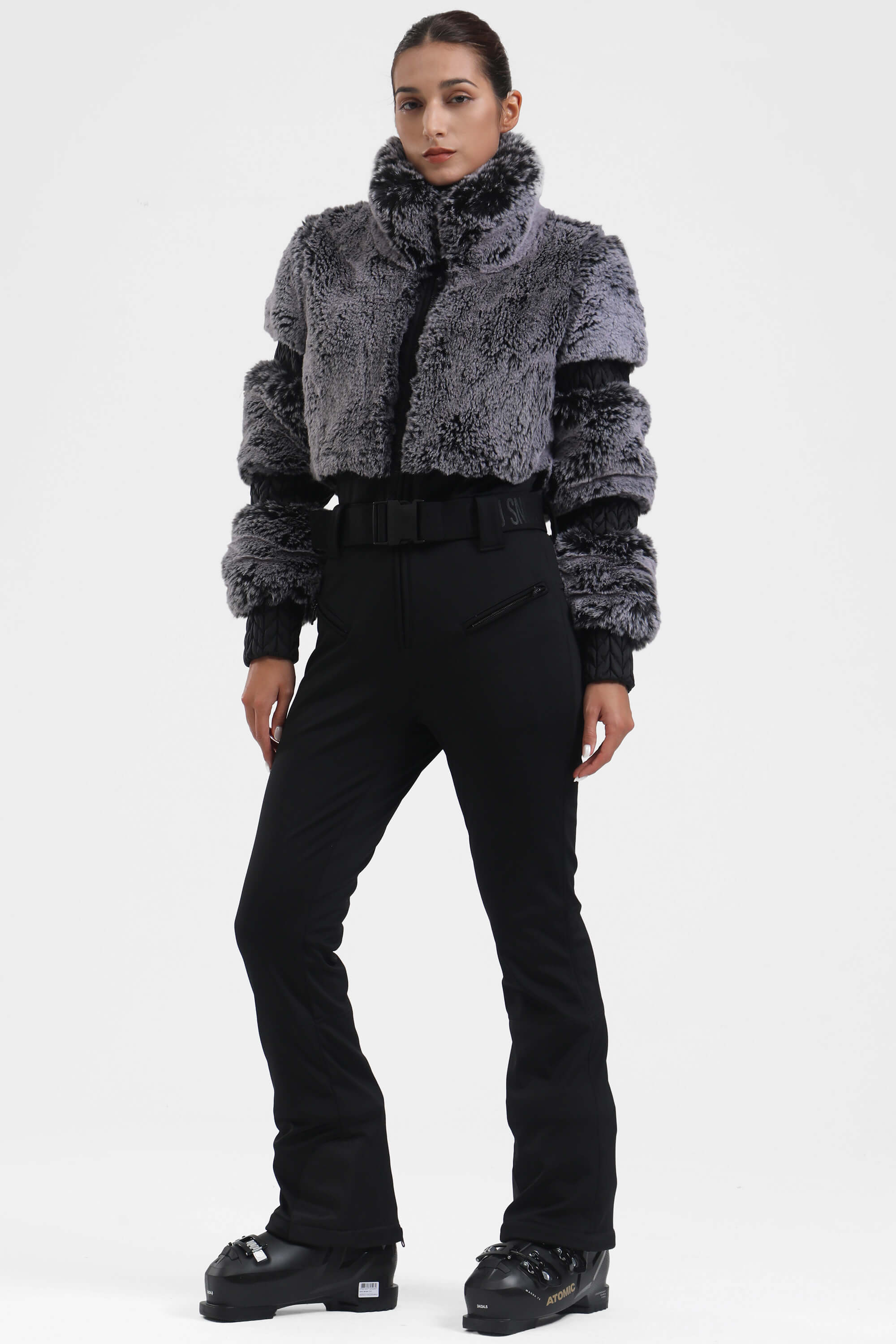 エレガントな女性用マゼンタ色フェイクファーワンピーススキースーツ