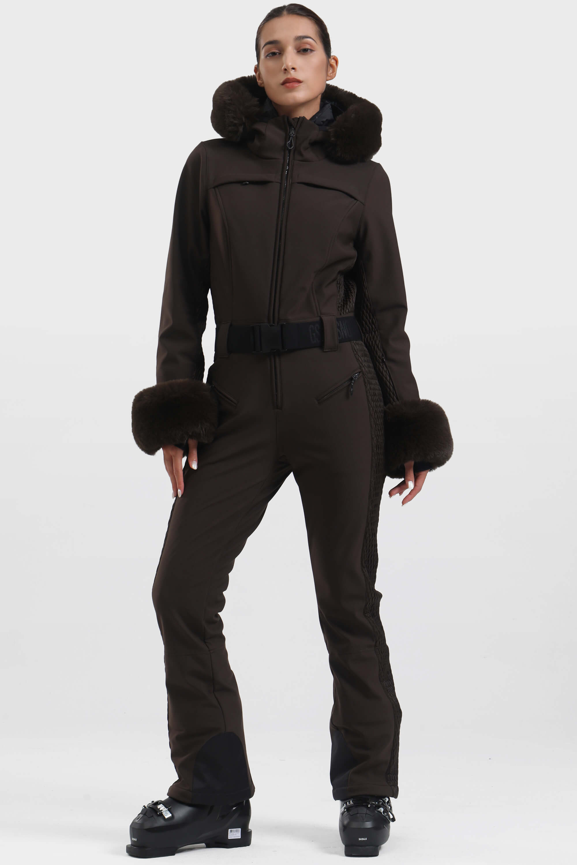 Women's Magenta Faux Fur Shirred Waterproof One-Piece Ski Suit