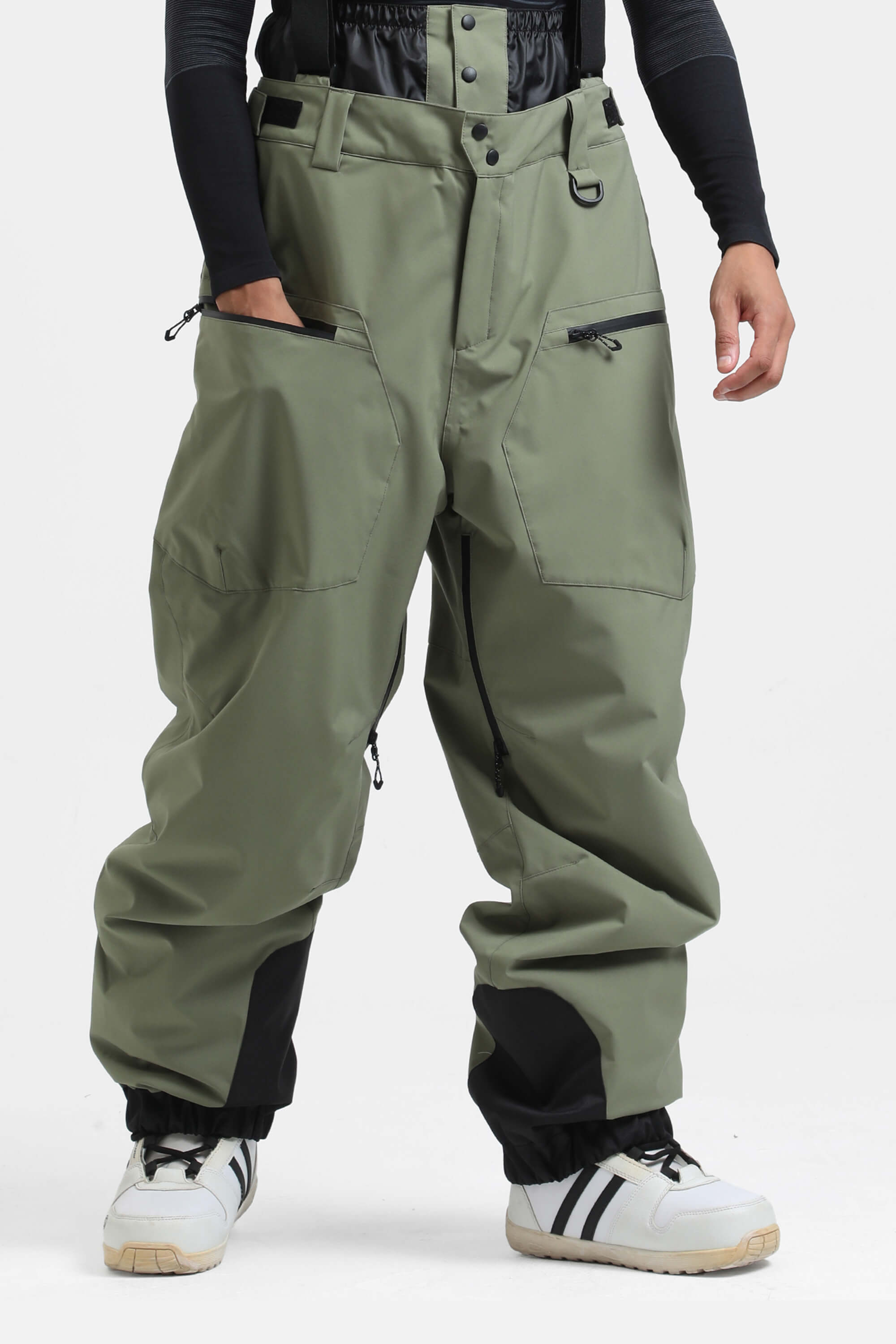 Men's Army Green Insulated Baggy Snow Pants With Detachable