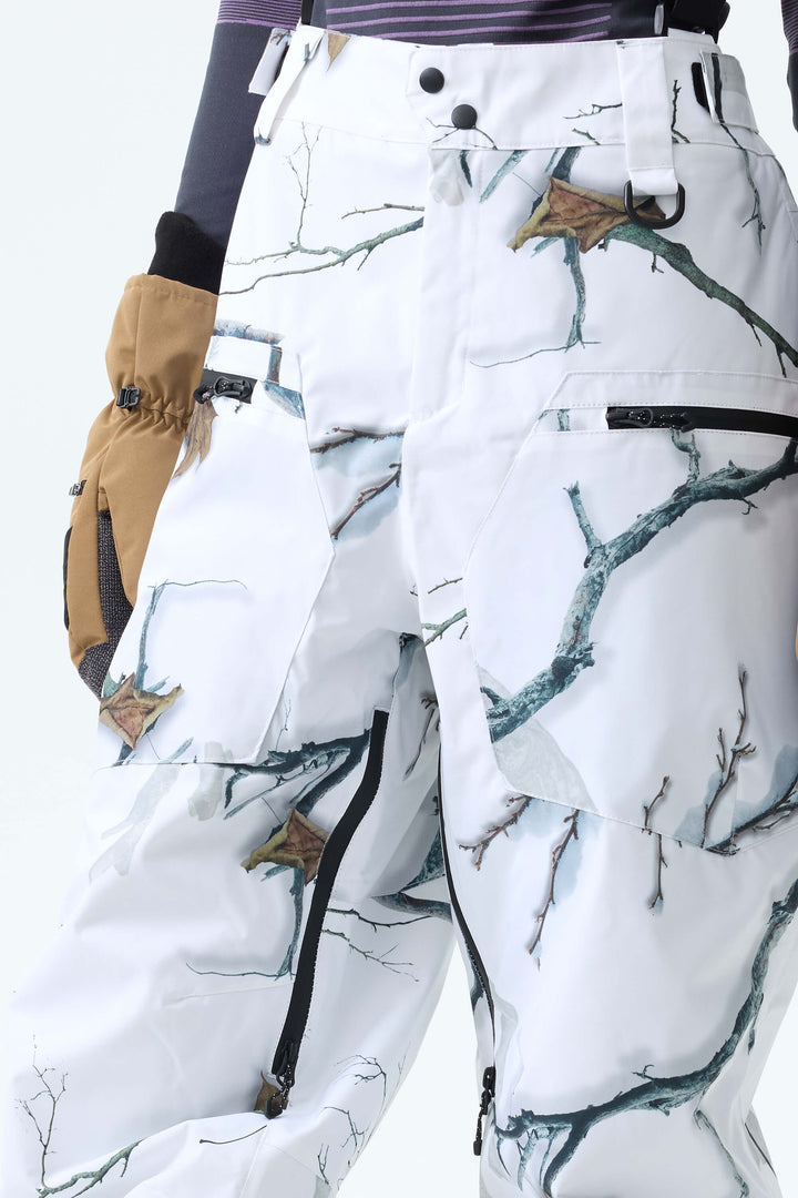 Women's Winter Branch Camo Insulated Baggy Snow Pants With Detachable Suspenders