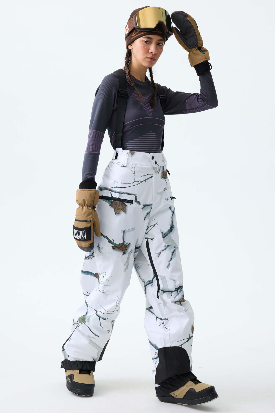 Women's Winter Branch Camo Insulated Baggy Snow Pants With Detachable Suspenders