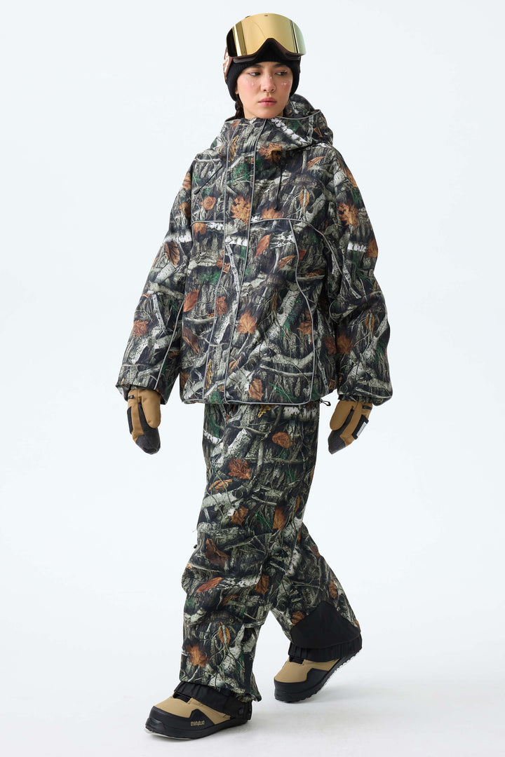 Women's Winter Branch Camo Insulated Baggy Snow Pants With Detachable Suspenders