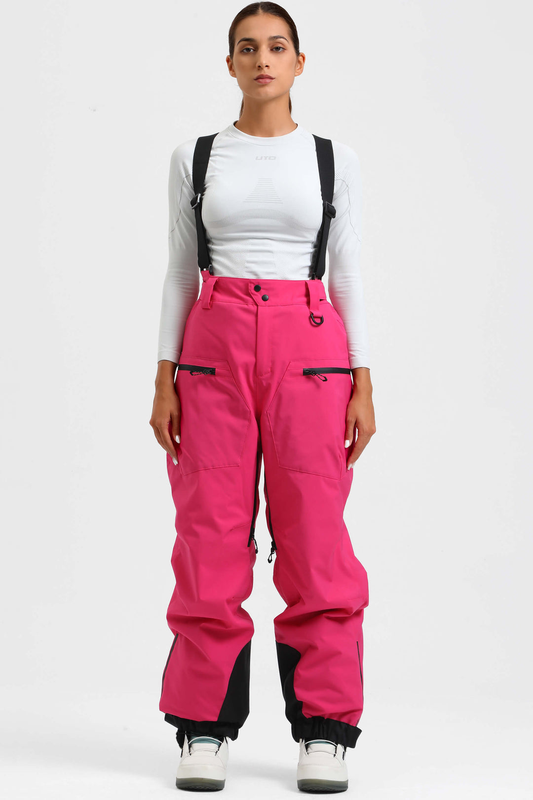 Kaffeefarbene isolierte Baggy-Schneehose für Damen mit abnehmbaren Hosenträgern 