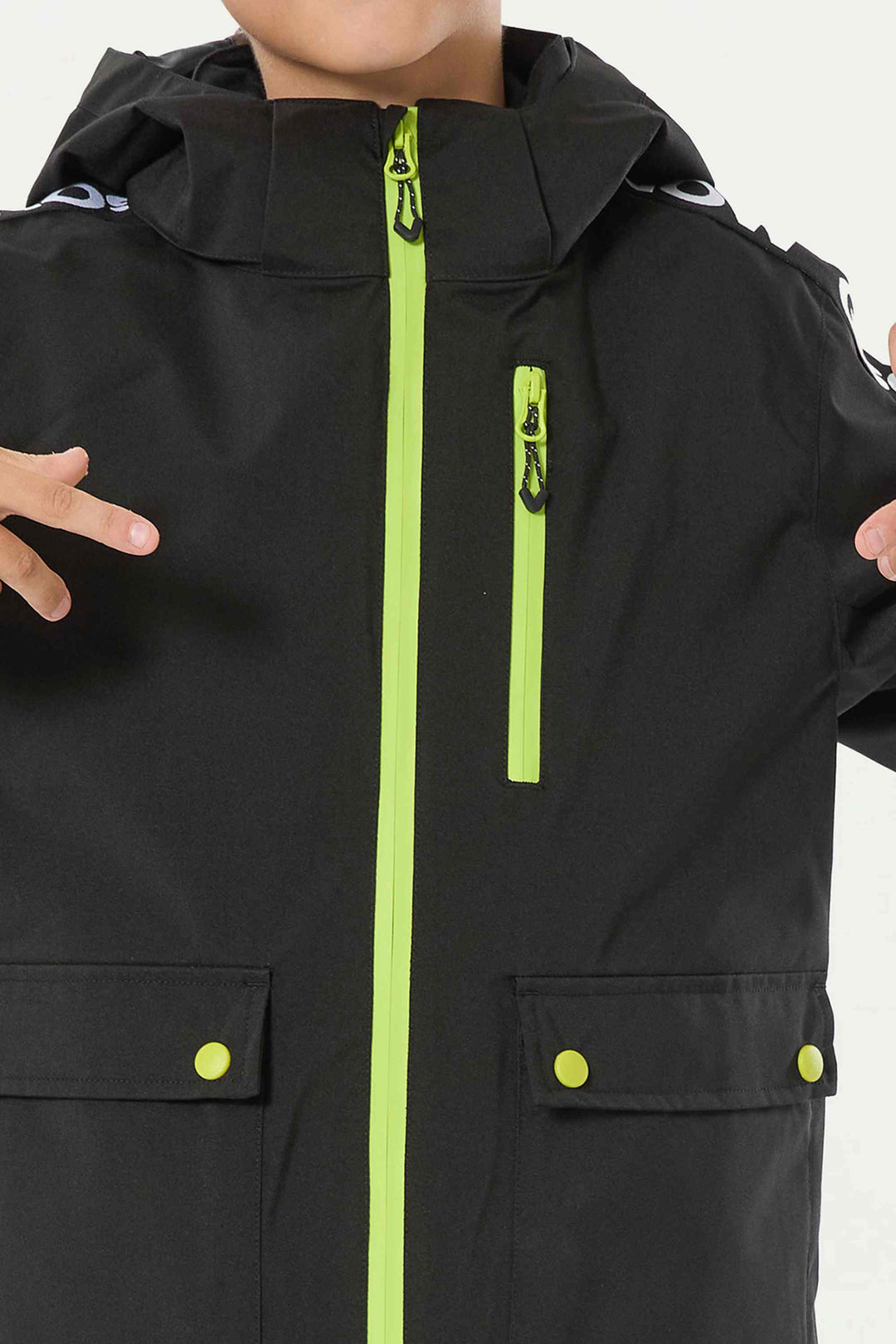 Schwarze, wasserdichte, isolierte Schneejacke mit sportlichem Logoband für Kinder