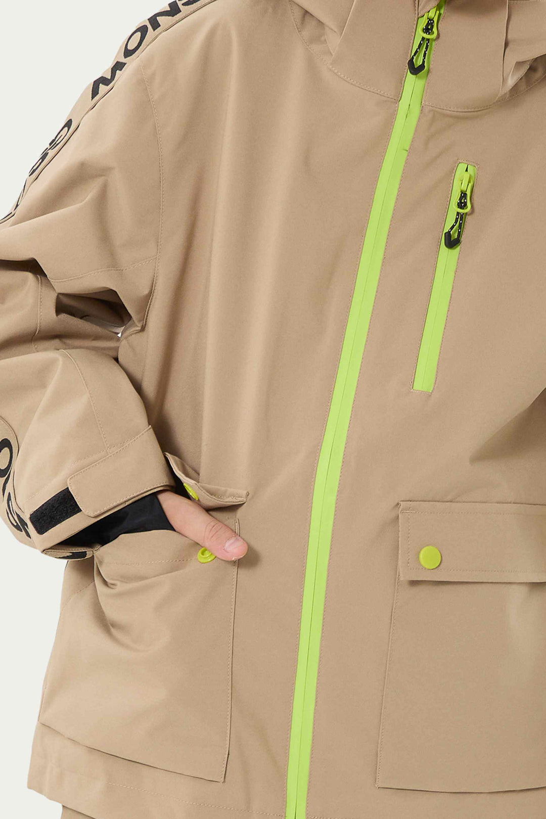 Khakifarbene, wasserdichte, isolierte Schneejacke mit sportlichem Logoband für Kinder