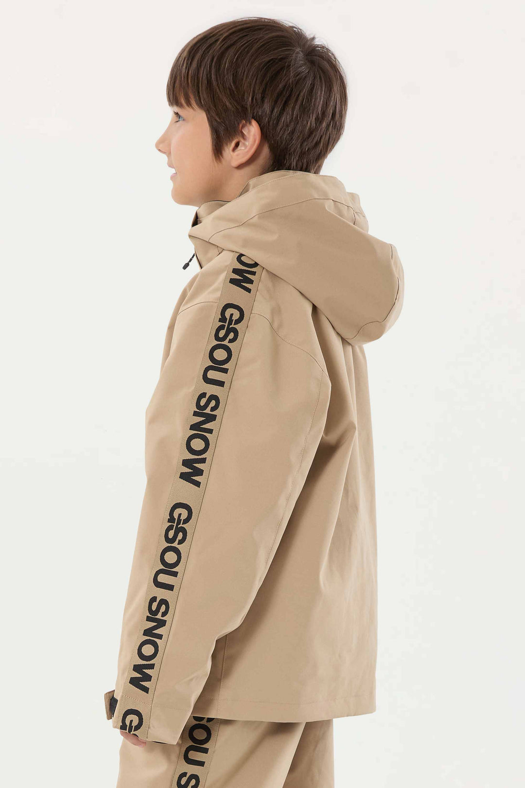 Khakifarbene, wasserdichte, isolierte Schneejacke mit sportlichem Logoband für Kinder