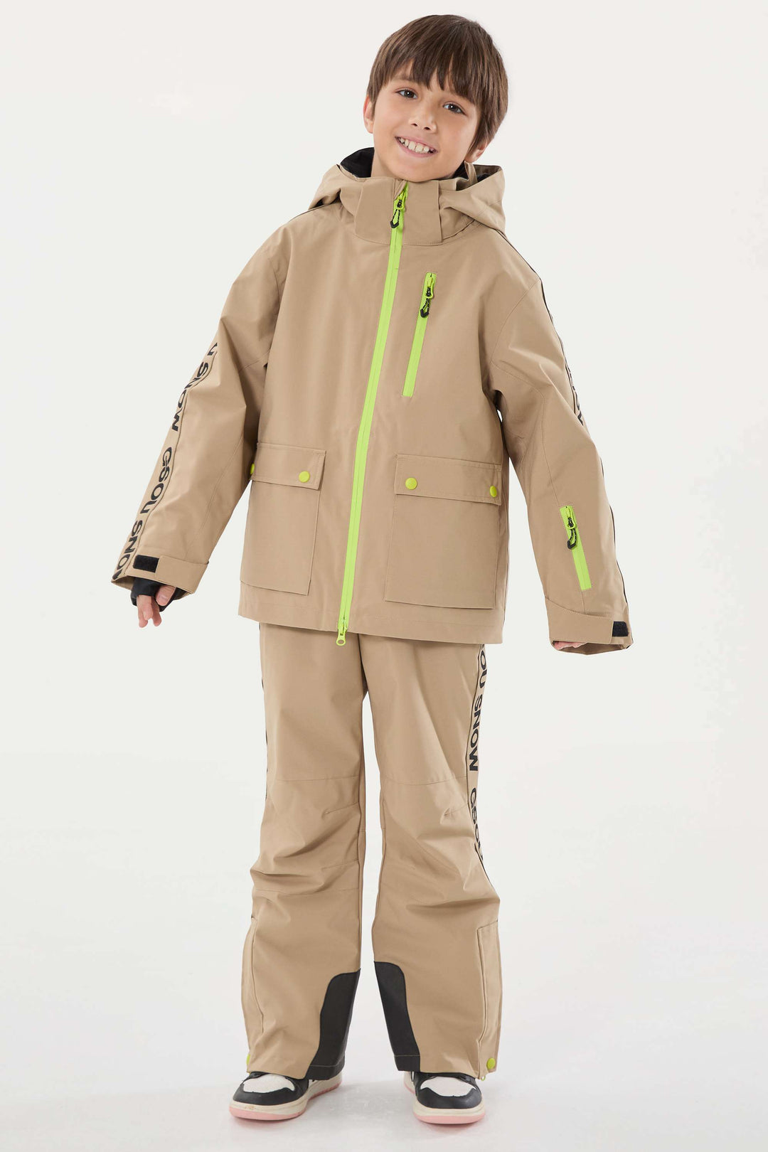 Khakifarbene, wasserdichte, isolierte Schneejacke mit sportlichem Logoband für Kinder