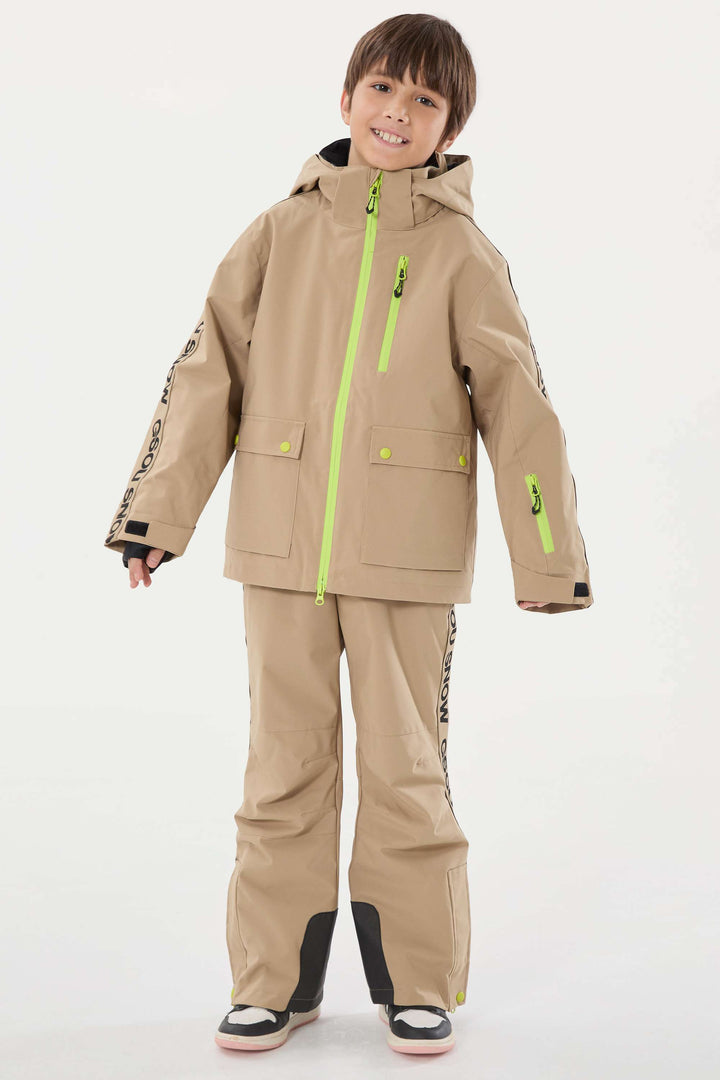 Khakifarbene, wasserdichte, isolierte Schneejacke mit sportlichem Logoband für Kinder