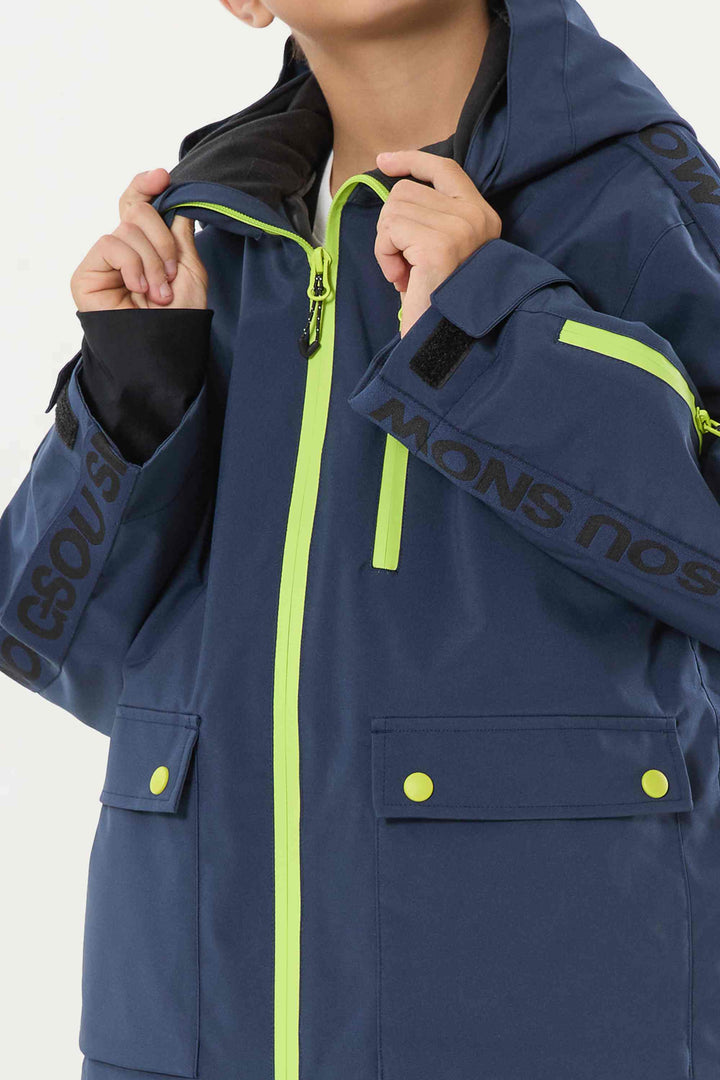 Marineblaue, wasserdichte, isolierte Schneejacke mit sportlichem Logoband für Kinder