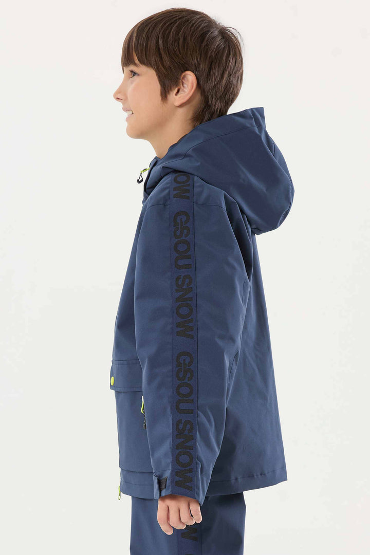 Marineblaue, wasserdichte, isolierte Schneejacke mit sportlichem Logoband für Kinder