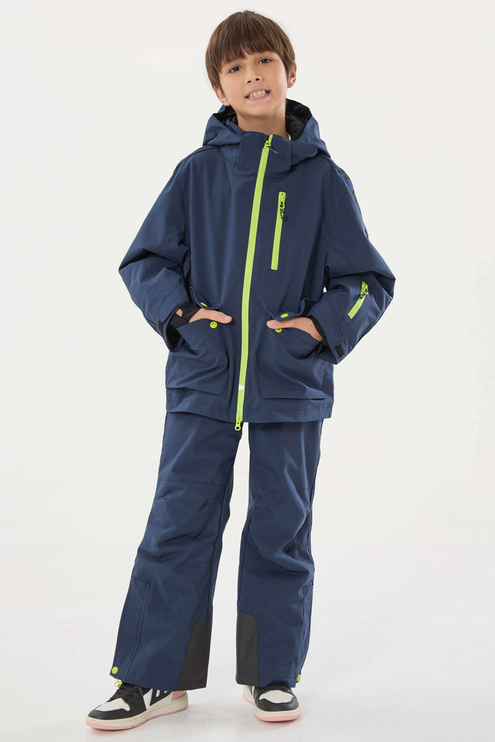 Marineblaue, wasserdichte, isolierte Schneejacke mit sportlichem Logoband für Kinder