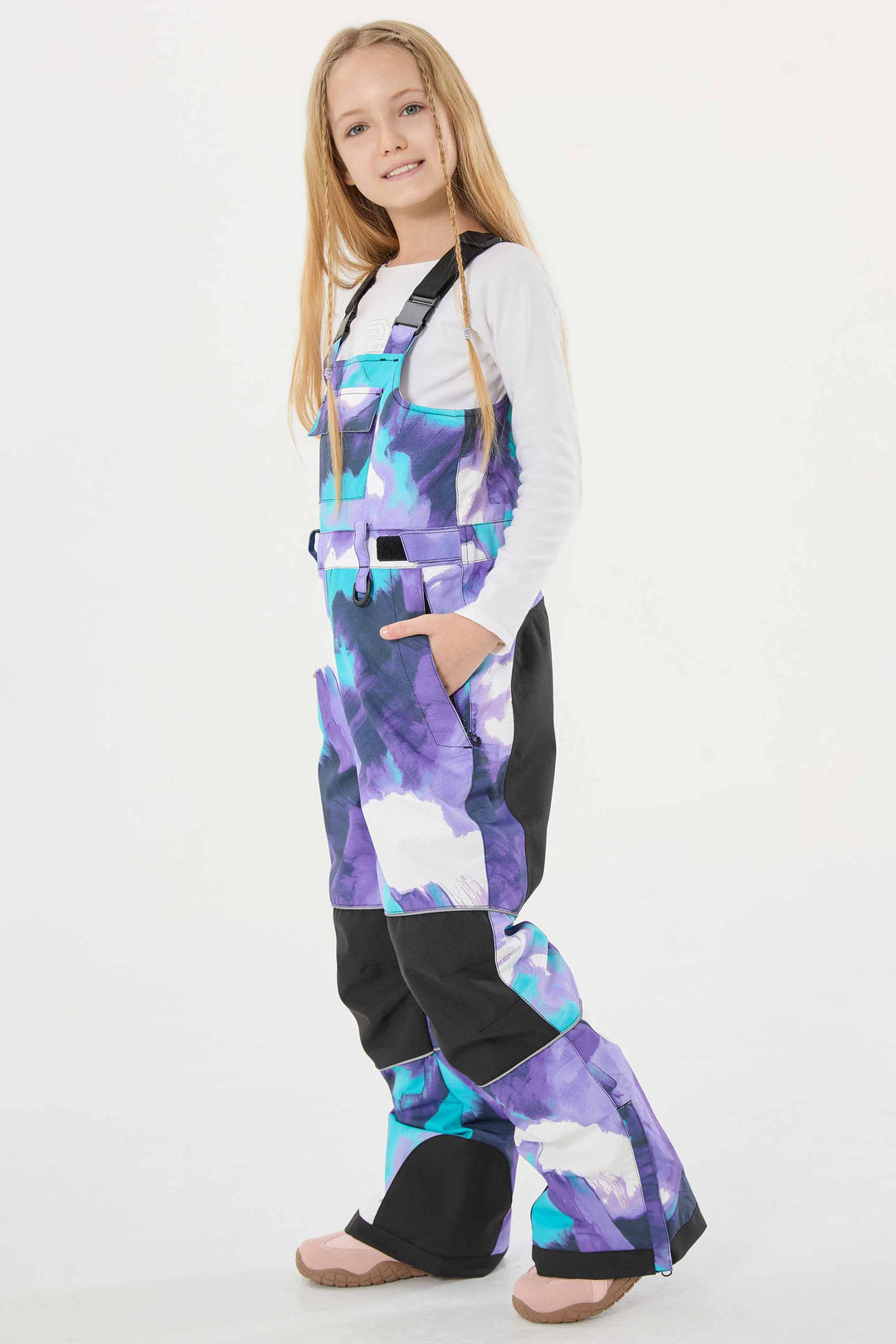 Lavendelfarbene reflektierende, strapazierfähige Arbeitskleidungs-Schneelatzhose für Mädchen 