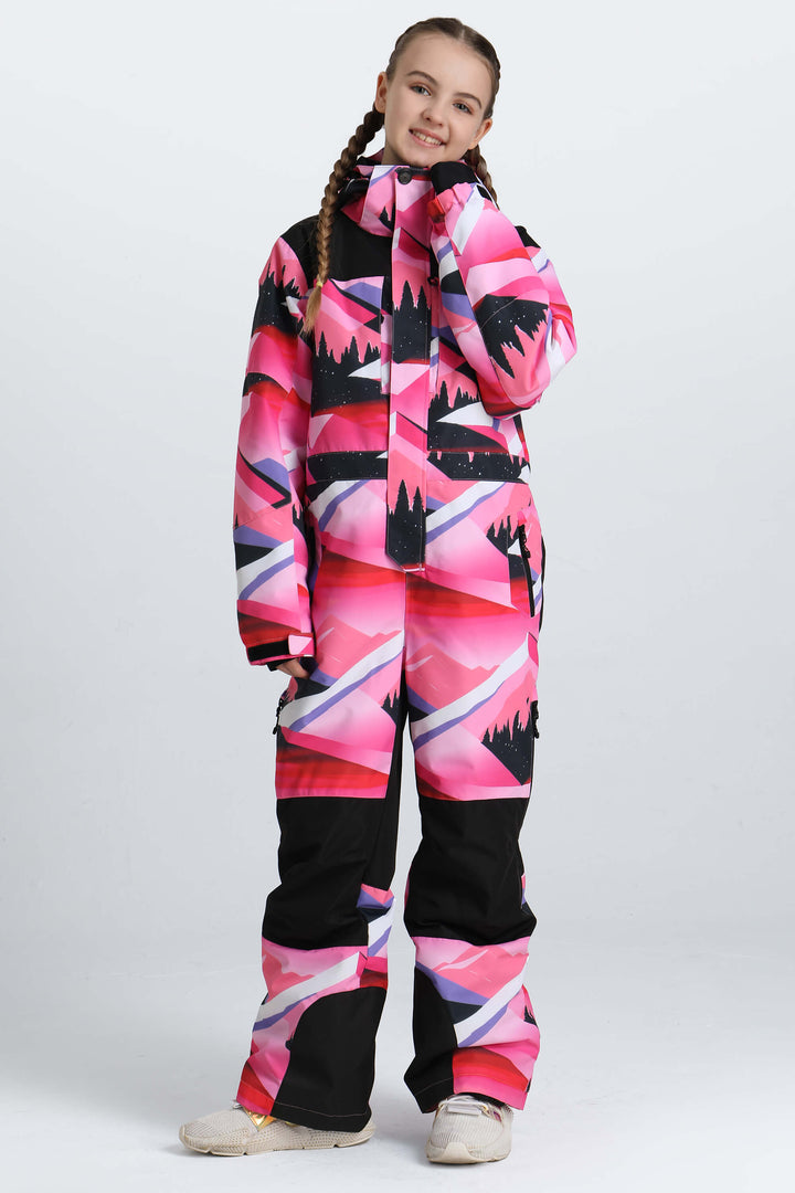 Girls' Black Contrast-Panel Insulated One-Piece Ski Suit