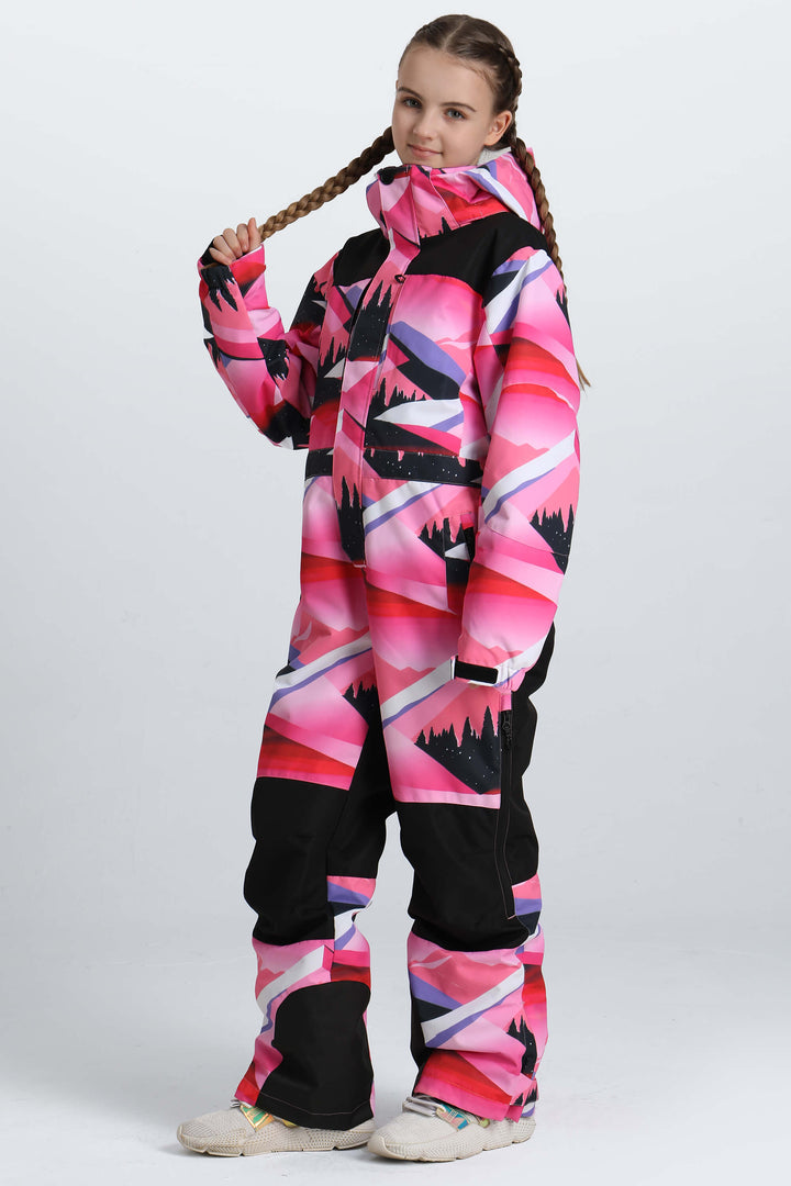 Girls' Black Contrast-Panel Insulated One-Piece Ski Suit