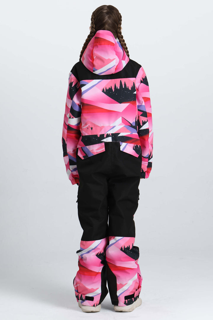Girls' Pink Mountain Contrast-Panel Insulated One-Piece Ski Suit