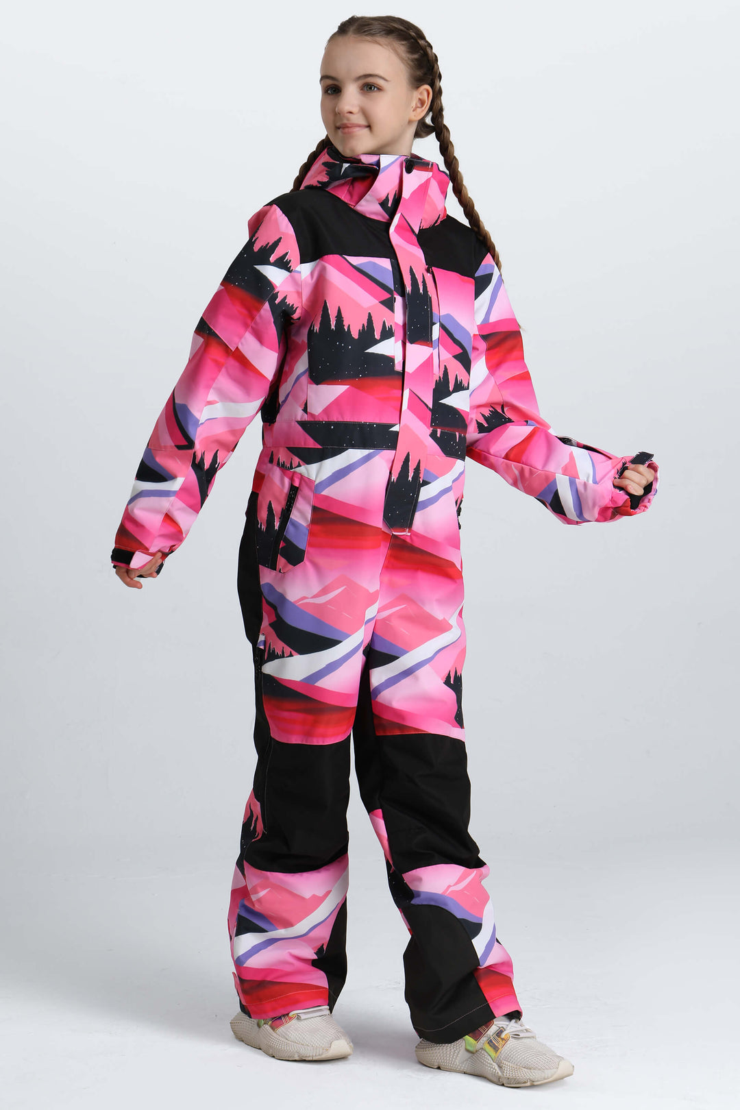 Girls' Off White Contrast-Panel Insulated One-Piece Ski Suit