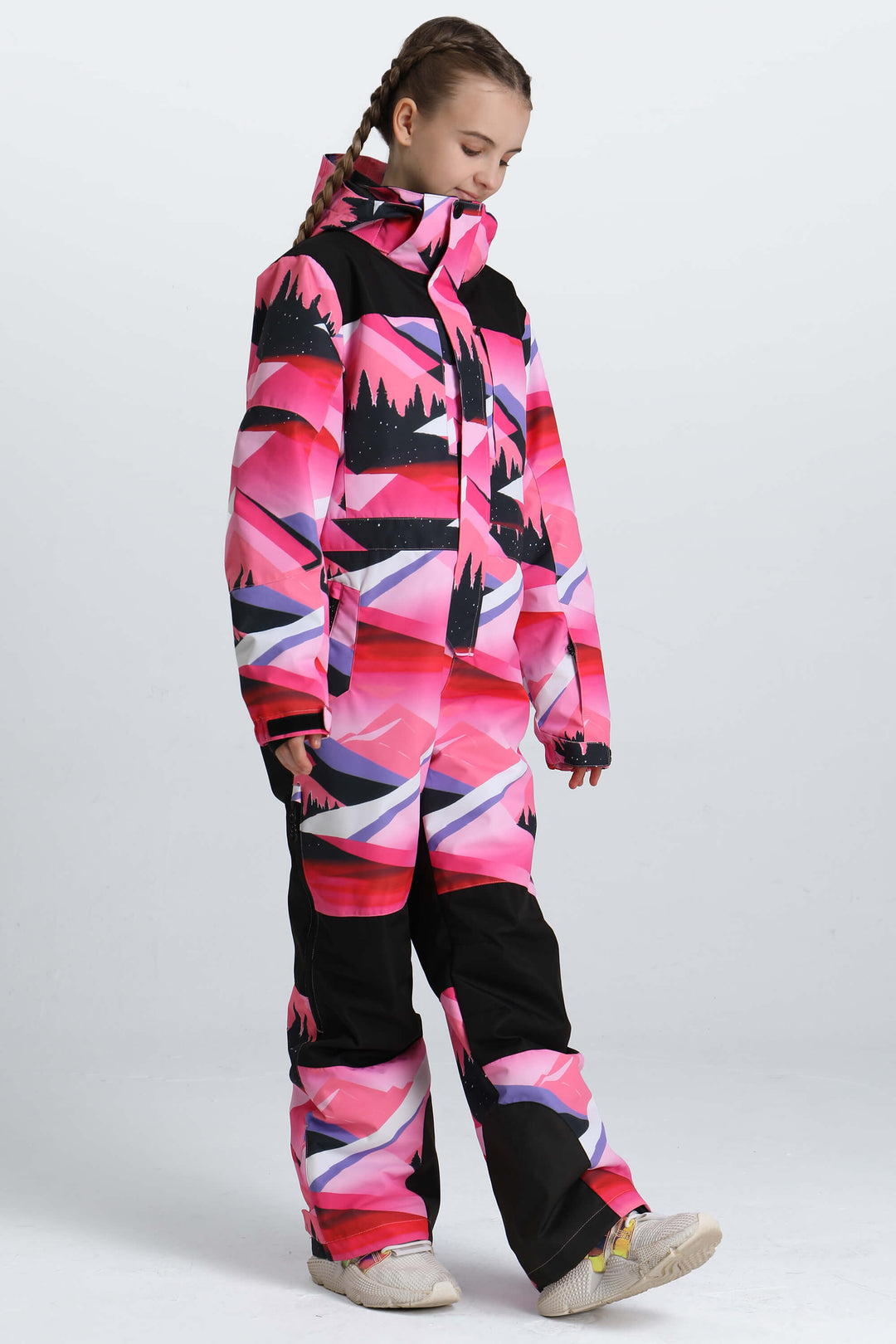 Girls' Pink Mountain Contrast-Panel Insulated One-Piece Ski Suit