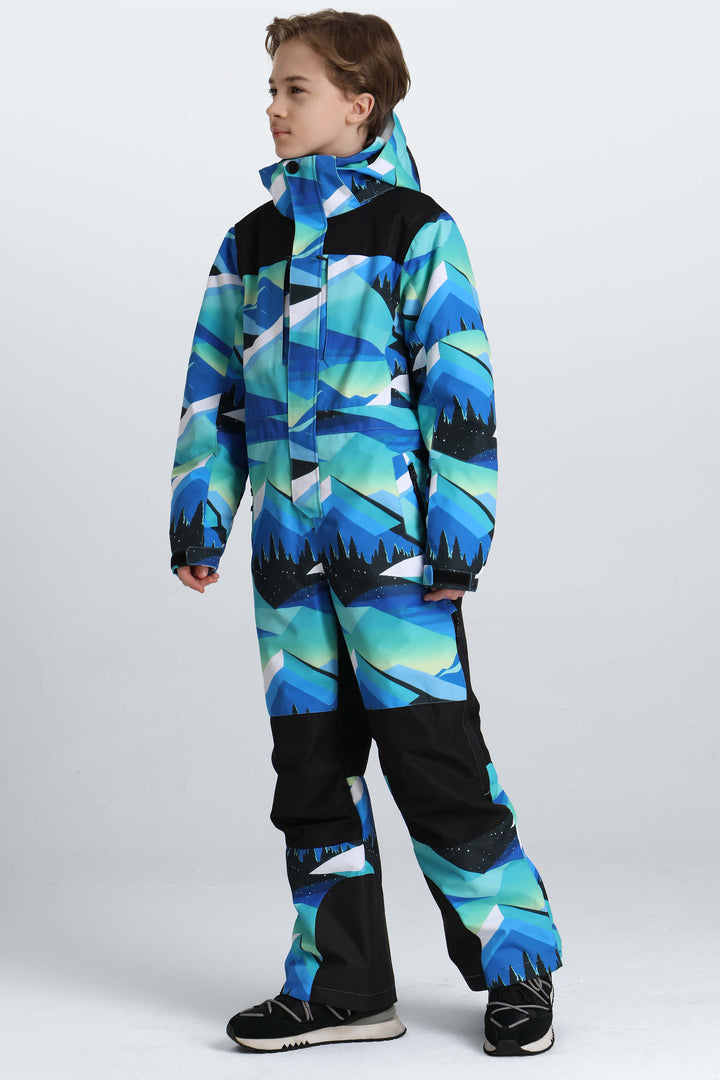 Boys' Navy Blue Contrast-Panel Insulated One-Piece Ski Suit