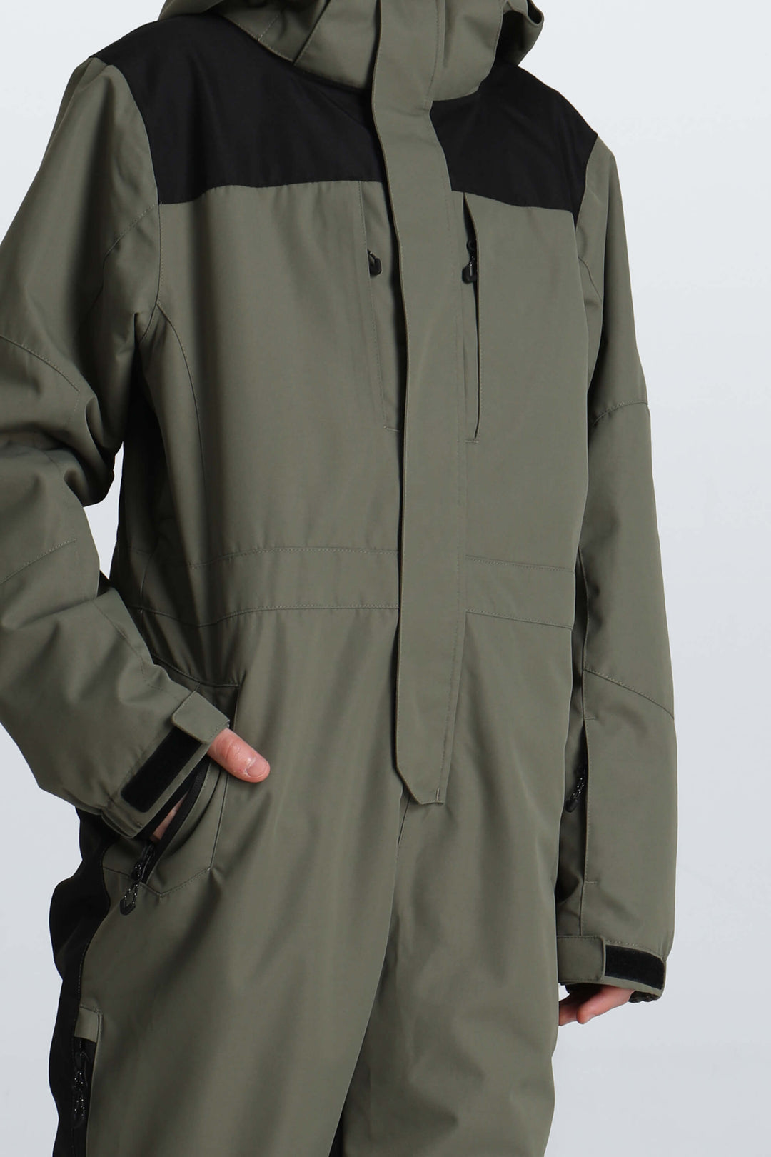 Boys' Army Green Contrast-Panel Insulated One-Piece Ski Suit