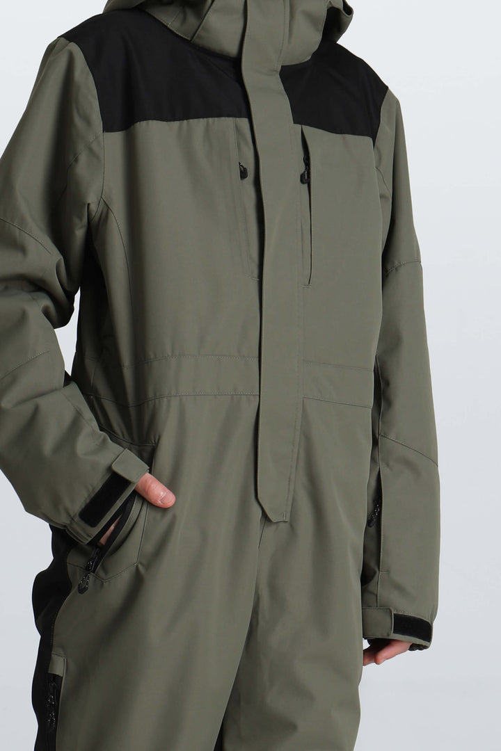Boys' Army Green Contrast-Panel Insulated One-Piece Ski Suit