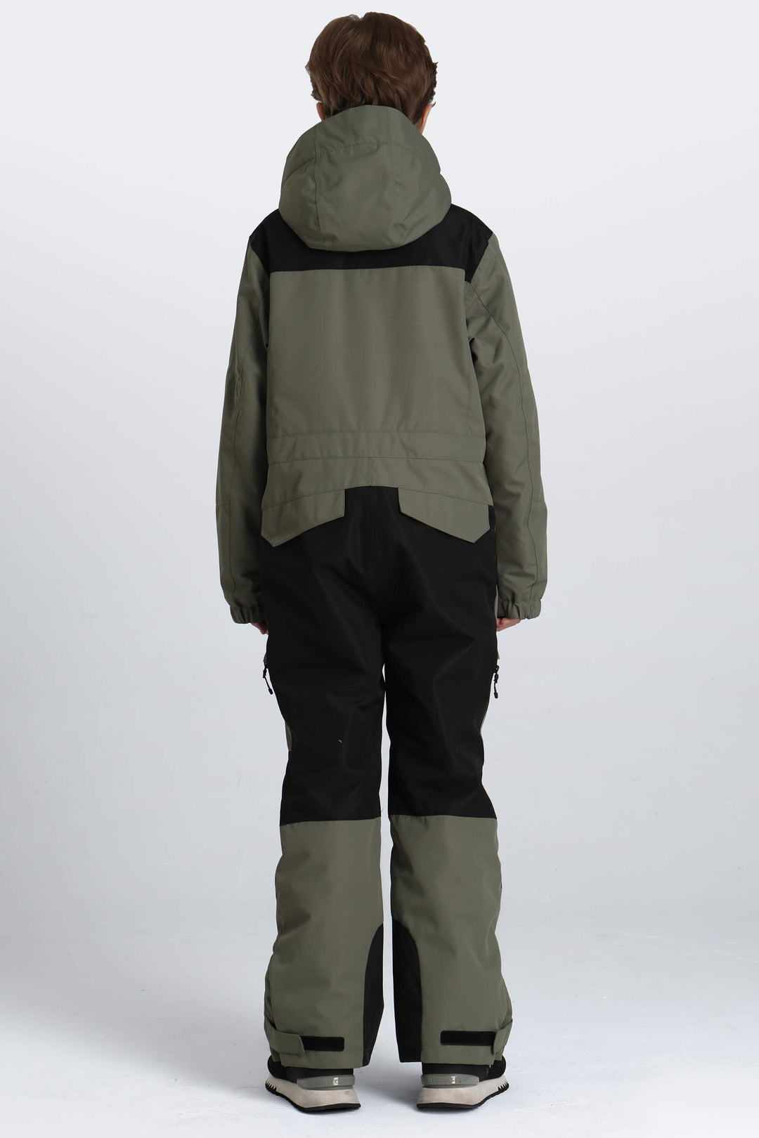 Boys' Army Green Contrast-Panel Insulated One-Piece Ski Suit