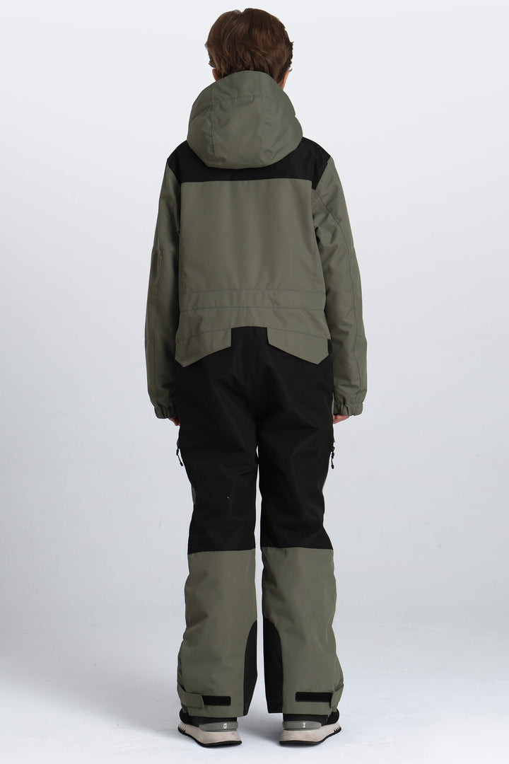 Boys' Army Green Contrast-Panel Insulated One-Piece Ski Suit