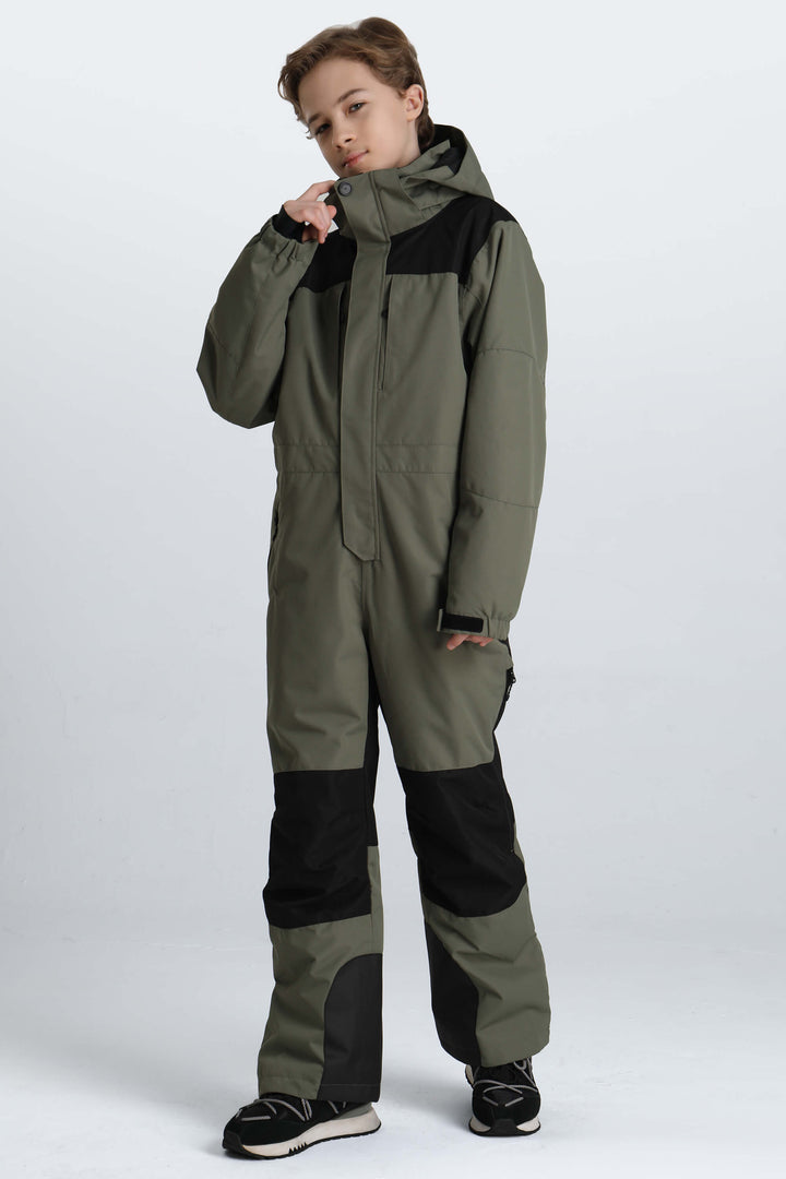 Boys' Army Green Contrast-Panel Insulated One-Piece Ski Suit