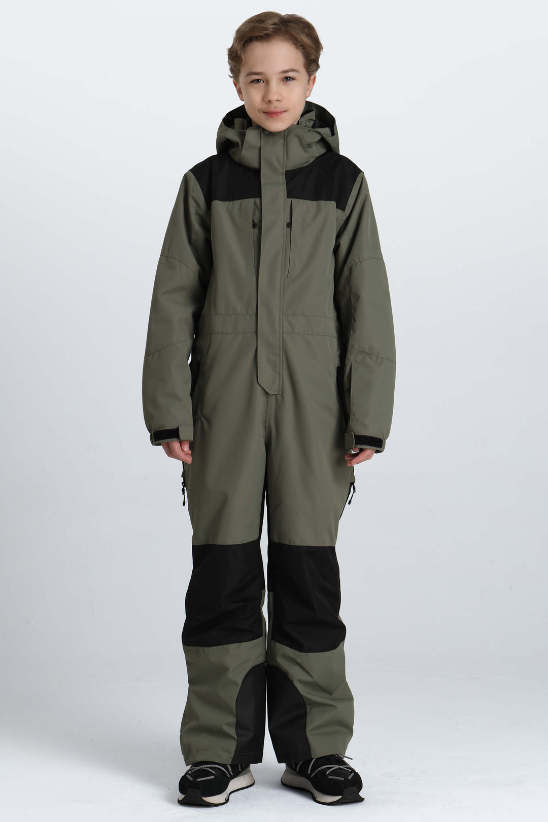 Boys' Army Green Contrast-Panel Insulated One-Piece Ski Suit