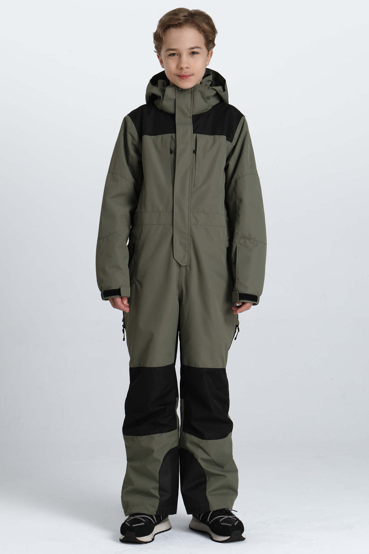 Boys' Army Green Contrast-Panel Insulated One-Piece Ski Suit