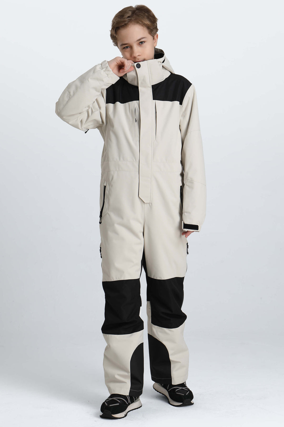 Boys' Off White Contrast-Panel Insulated One-Piece Ski Suit