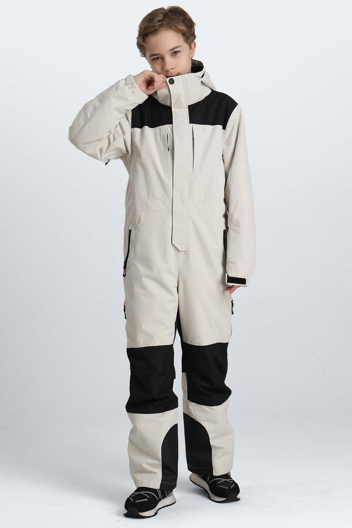 Boys' Off White Contrast-Panel Insulated One-Piece Ski Suit