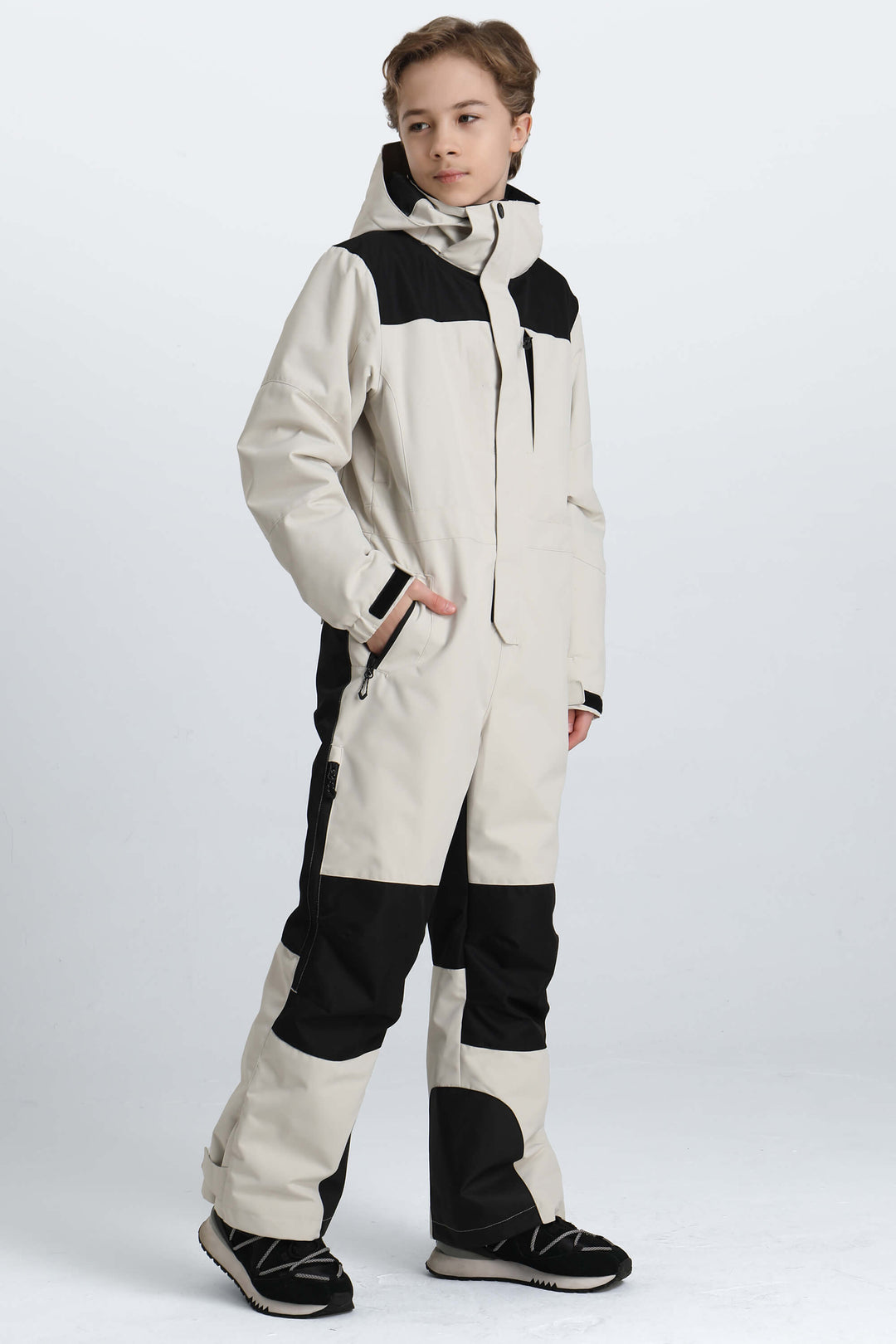 Boys' Off White Contrast-Panel Insulated One-Piece Ski Suit