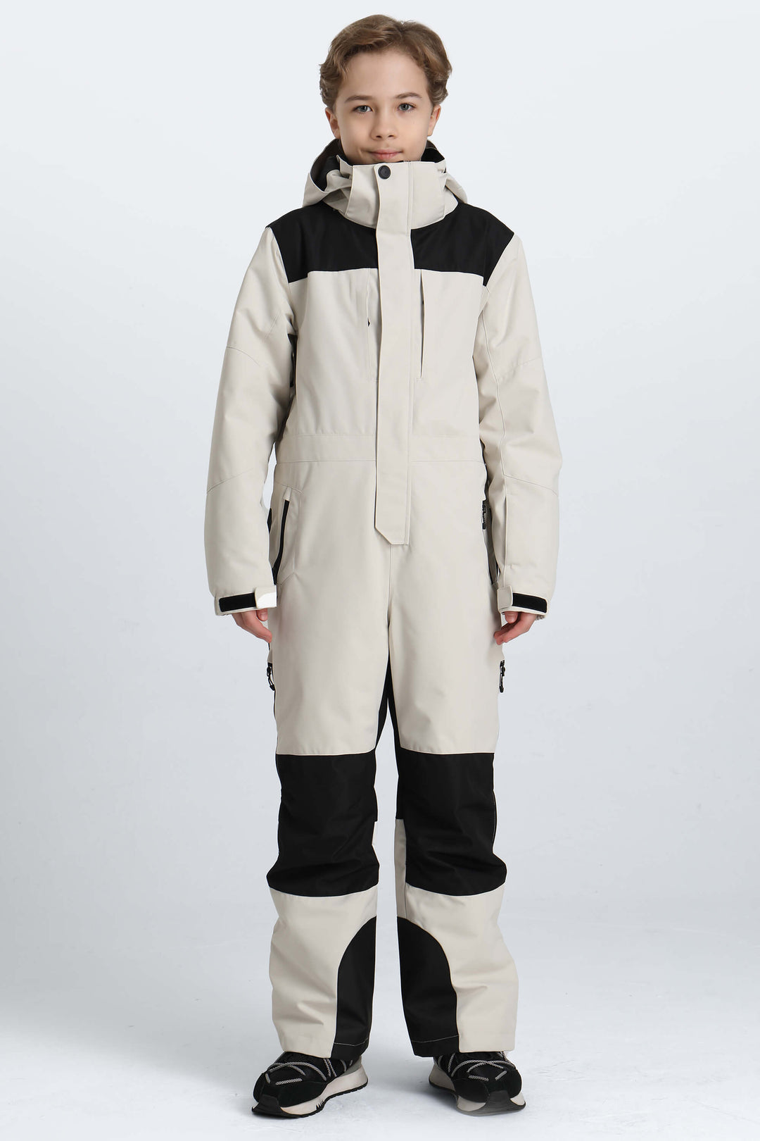 Boys' Off White Contrast-Panel Insulated One-Piece Ski Suit