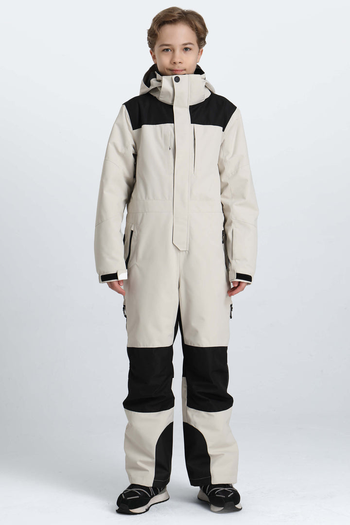 Boys' Off White Contrast-Panel Insulated One-Piece Ski Suit