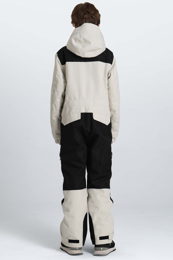 Boys' Off White Contrast-Panel Insulated One-Piece Ski Suit