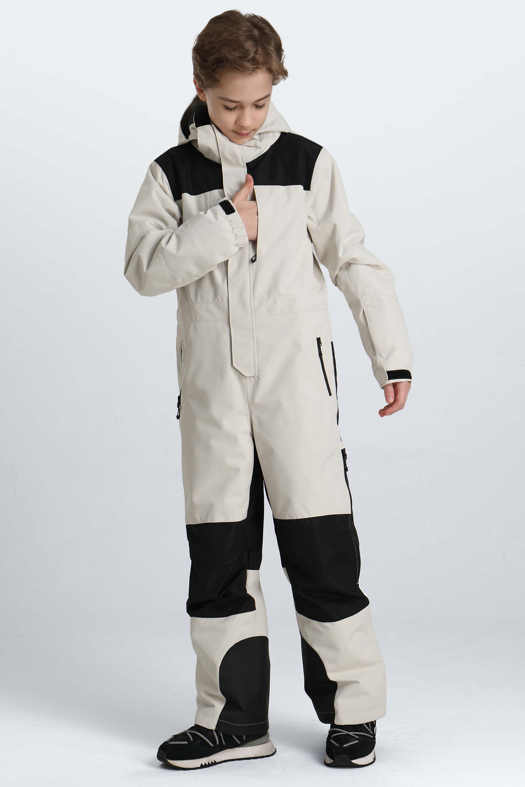 Boys' Off White Contrast-Panel Insulated One-Piece Ski Suit